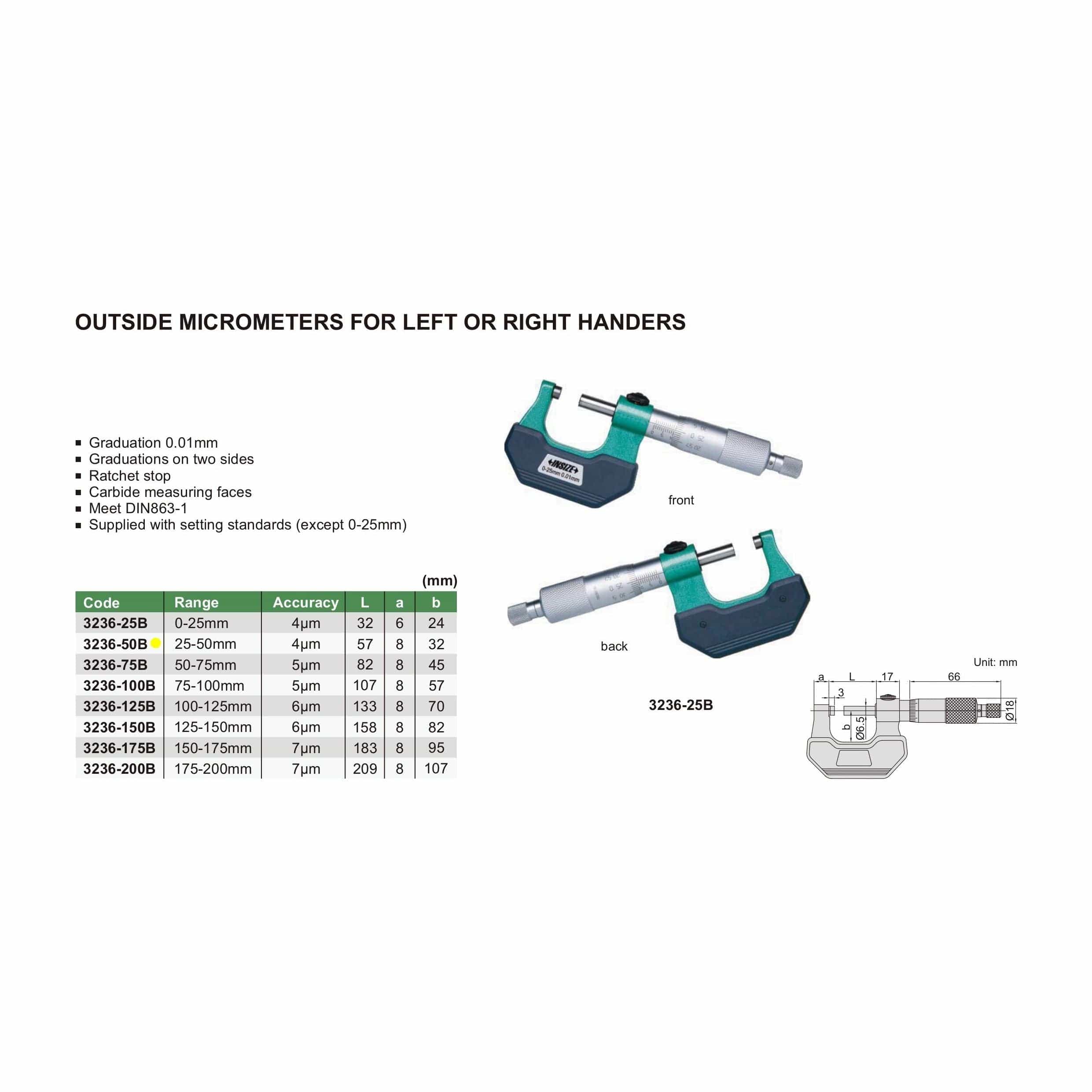 INSIZE Measuring Equipment Insize Left Hand/Right Hand Outside Micrometer 25-50mm Range Series 3236-50B