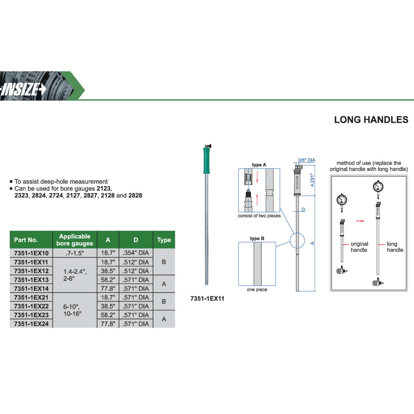 INSIZE Measuring Equipment Insize Long Handle 58.2″ × 0.571″ Series 7351-1EX23