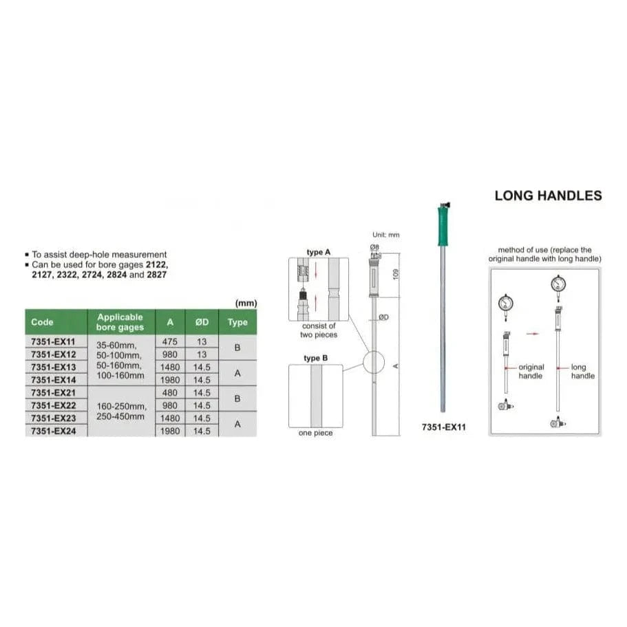 INSIZE MEASURING EQUIPMENT Insize Long Handle for Bore Gauge 480mm Series 7351-EX21