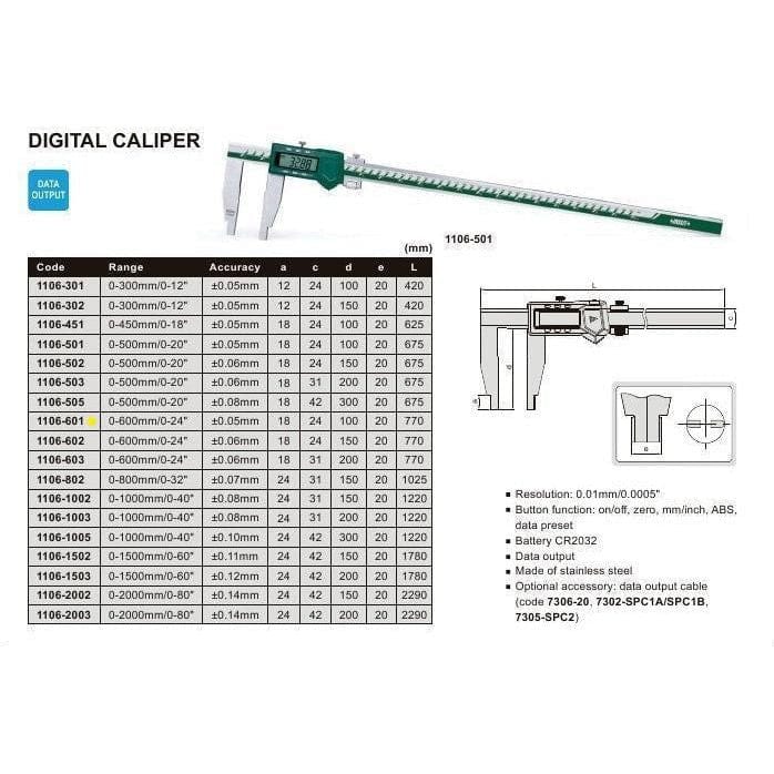 INSIZE Measuring Equipment Insize Long Jaw Digital Caliper 0-600mm / 0-24" Range Series 1106-601