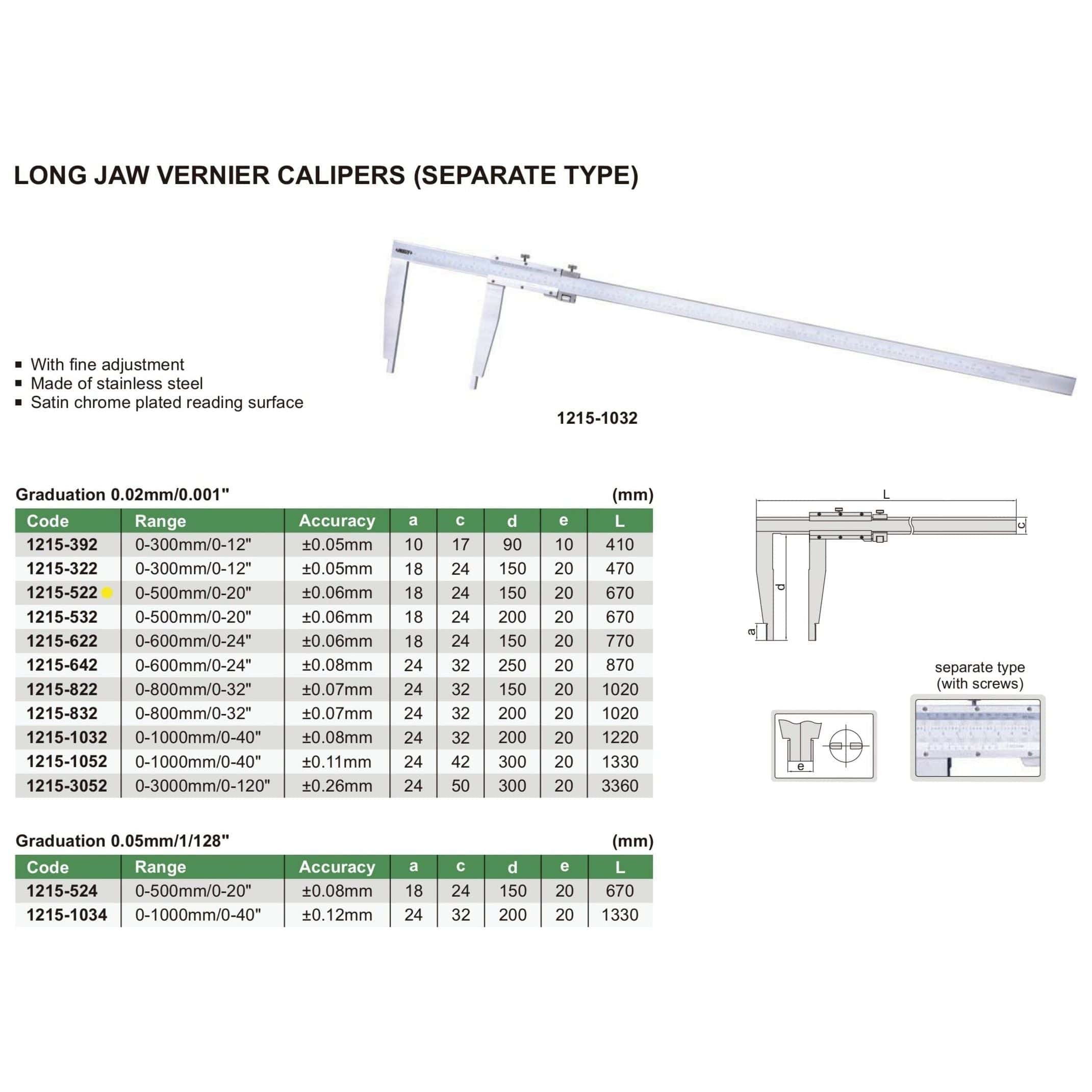 INSIZE Measuring Equipment Insize Long Jaw Vernier Caliper 0-500mm/0-20" Range Series 1215-522