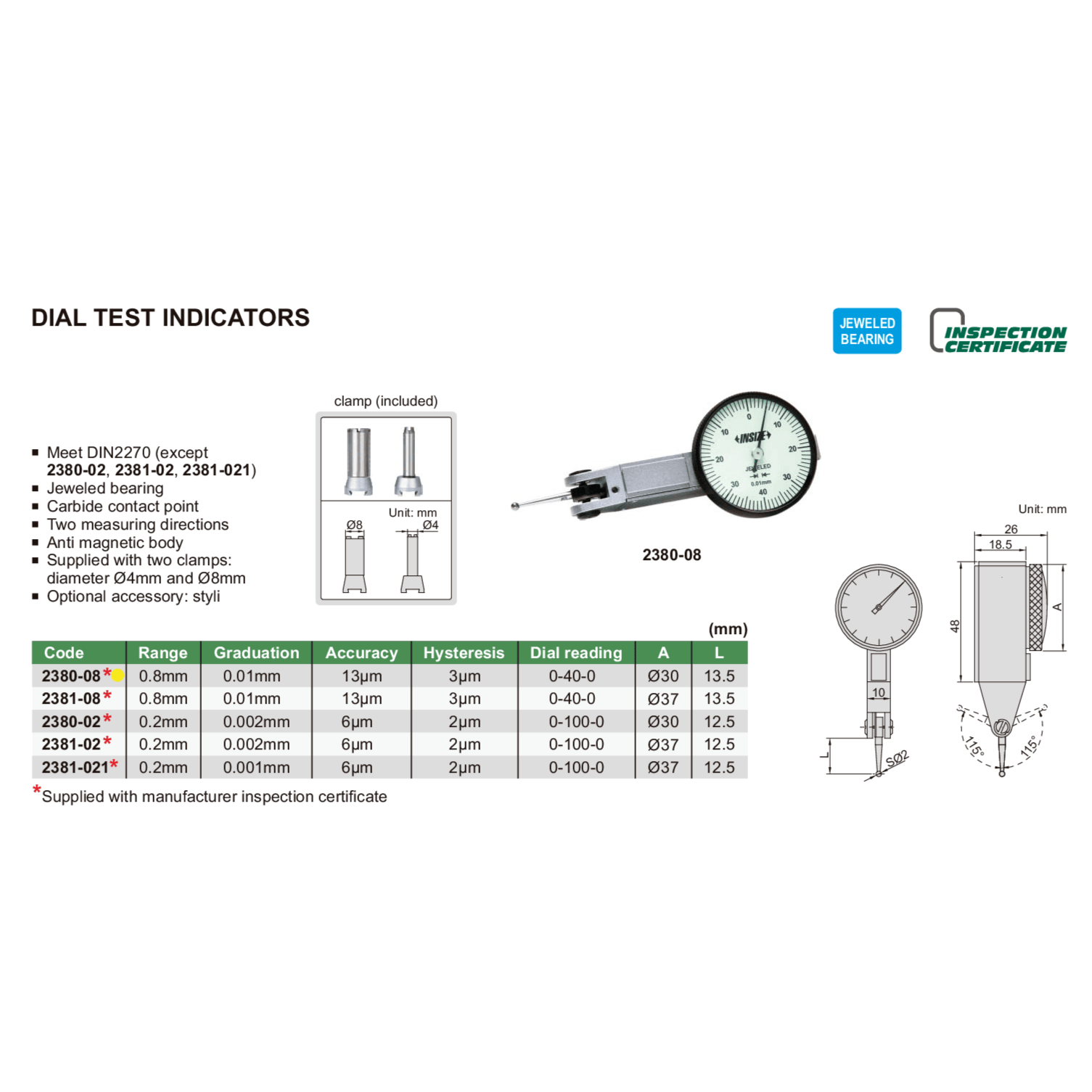 INSIZE Measuring Equipment Insize Metric Dial Indicator 0.8 mm Range Series 2380-08