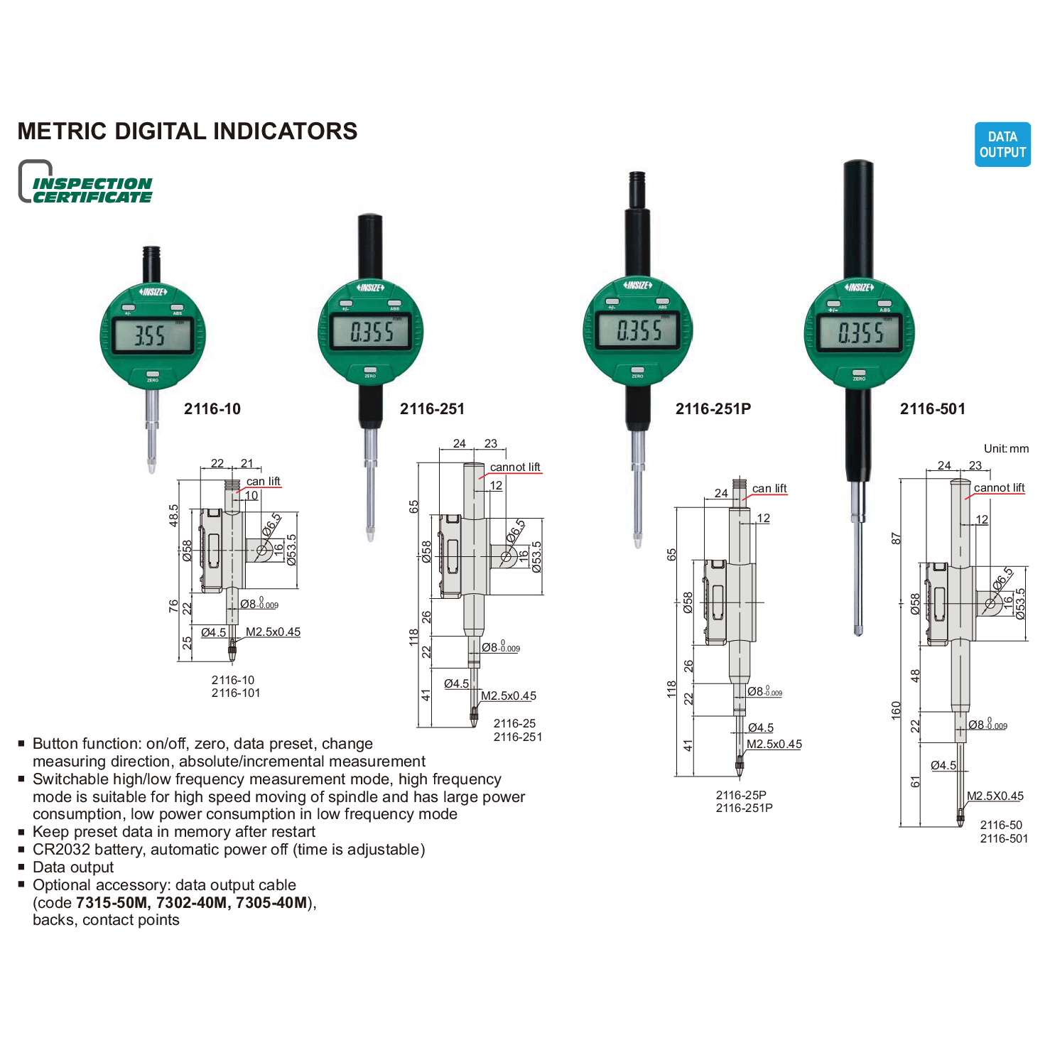 INSIZE Measuring Equipment Insize Metric Digital Indicator 25.4mm Range Series 2116-25