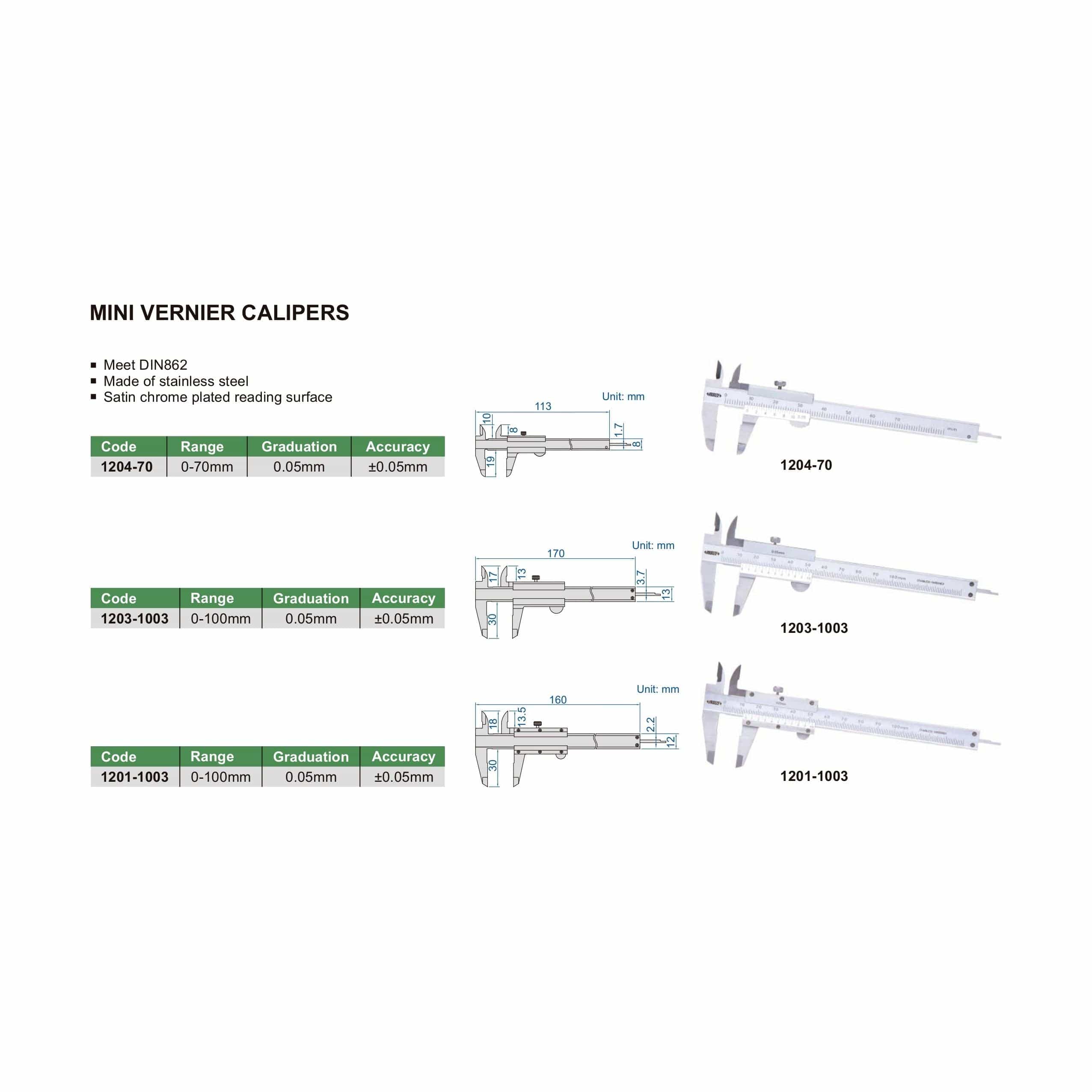 INSIZE Measuring Equipment Insize Mini Vernier Caliper 0-100mm Range Series 1203-1003