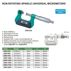 INSIZE Measuring Equipment Insize Non-Rotating Micrometer with Anvil/spindle tips 0-25mm Range Series 3280-25A