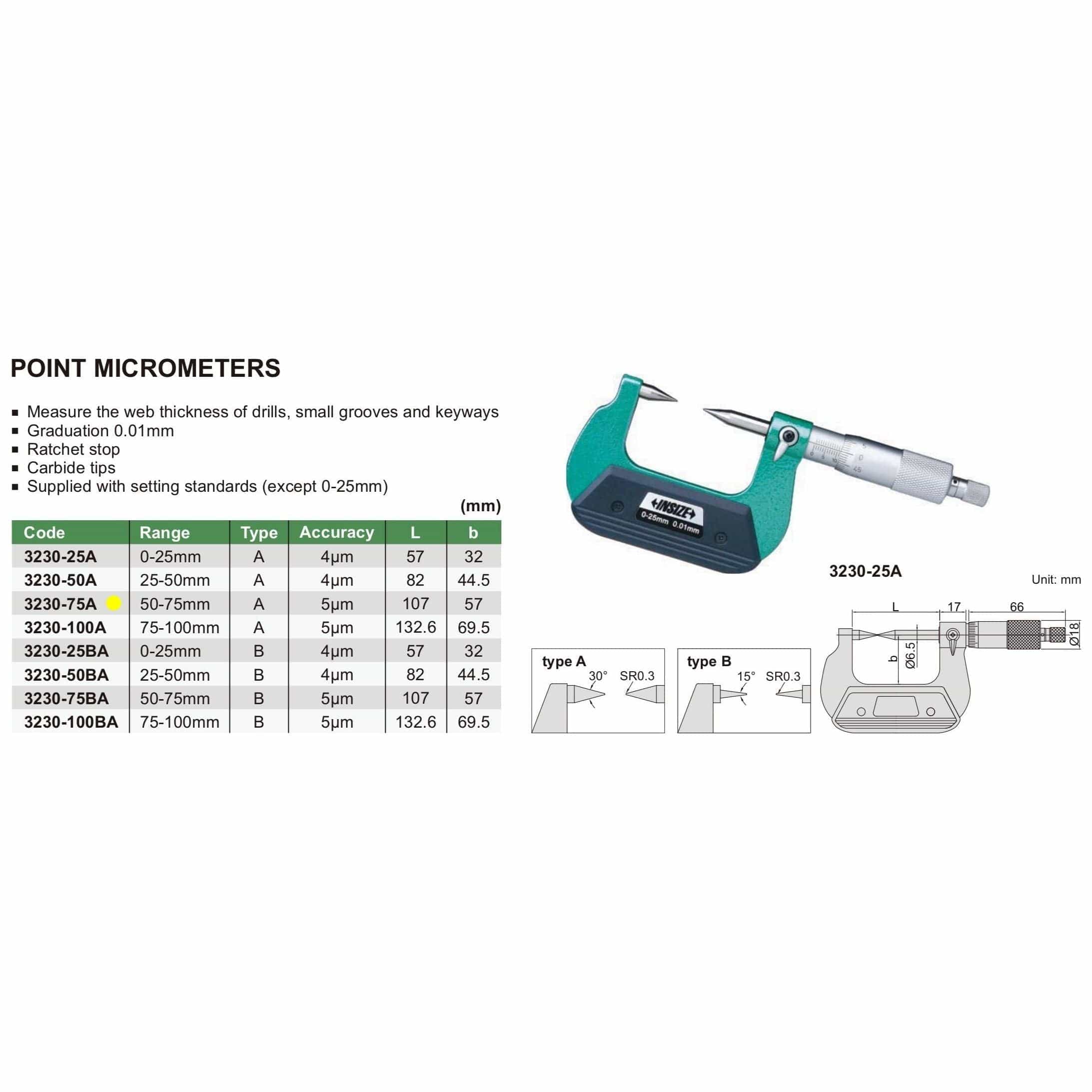 INSIZE Measuring Equipment Insize Point Micrometer 50-75mm Range Series 3230-75A
