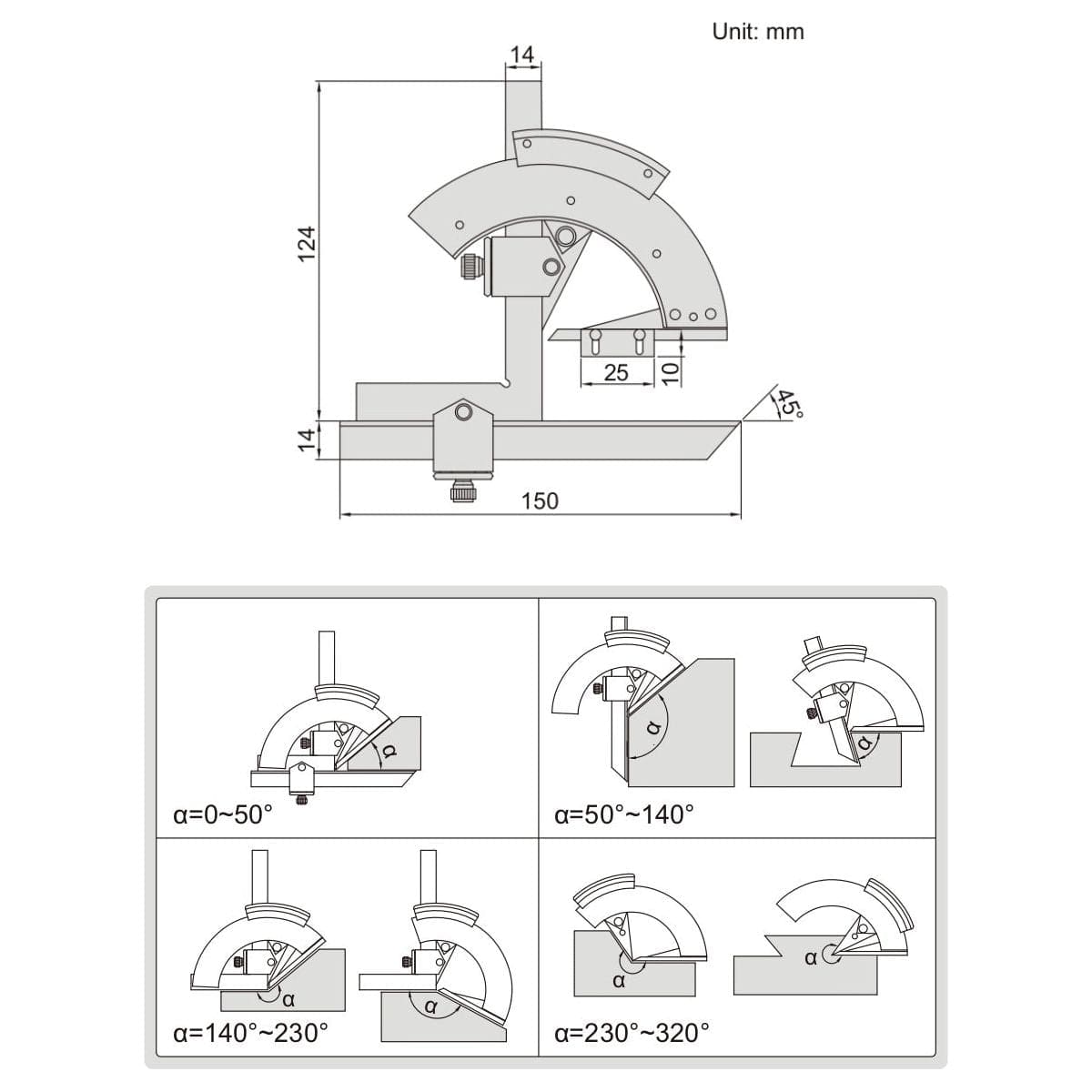 INSIZE Measuring Equipment Insize Protractor 0-320° Range Series 2374-320