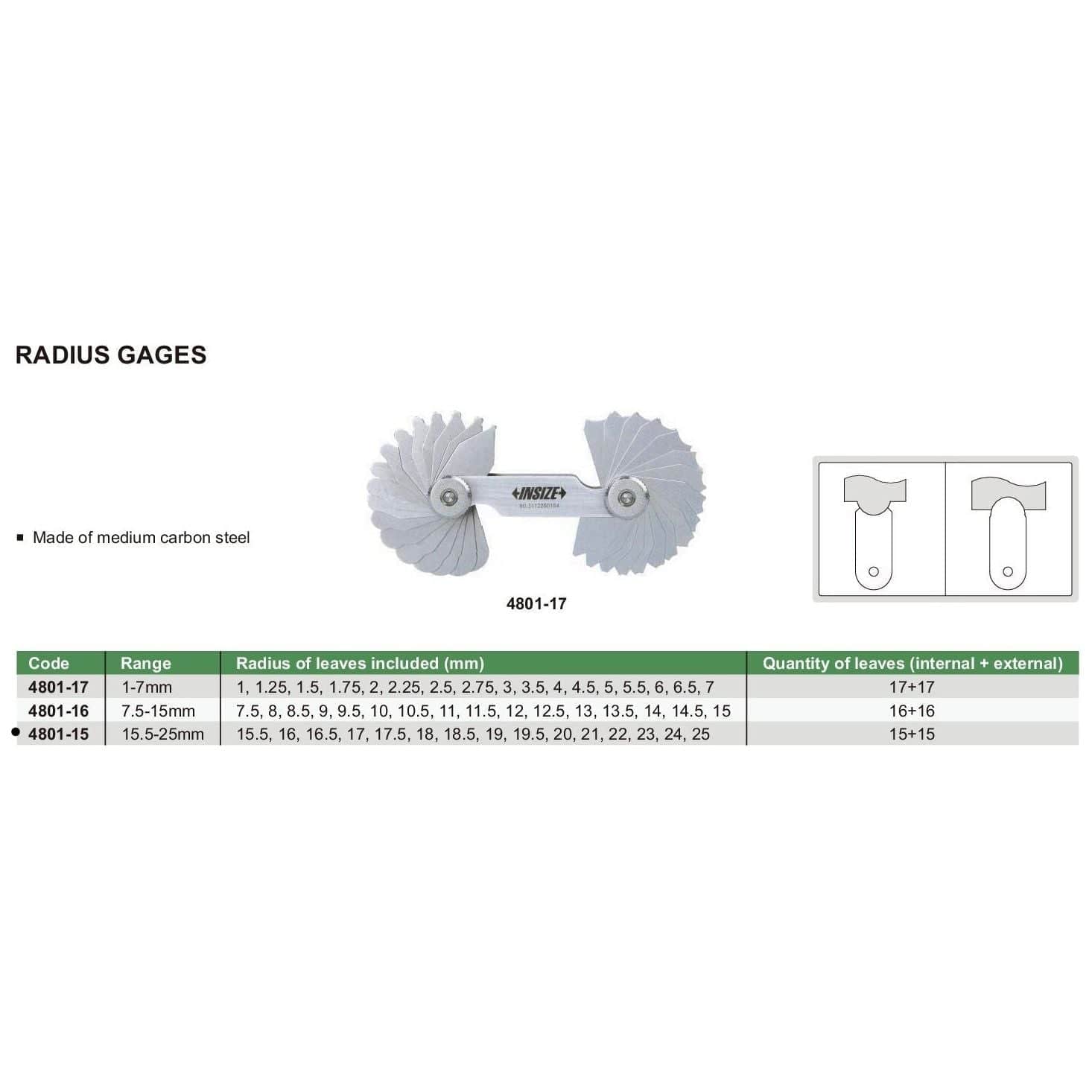 INSIZE Measuring Equipment Insize Radius Gauge Set 15.5-25mm Range Series 4801-15