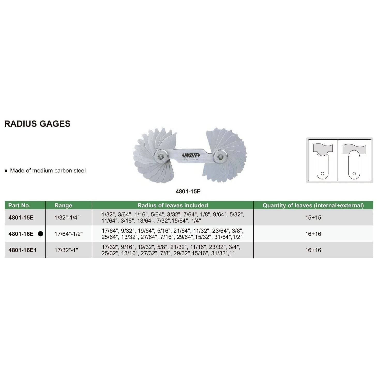 INSIZE MEASURING EQUIPMENT Insize Radius Gauge Set 17/64"-1/2" Range Series 4801-16E