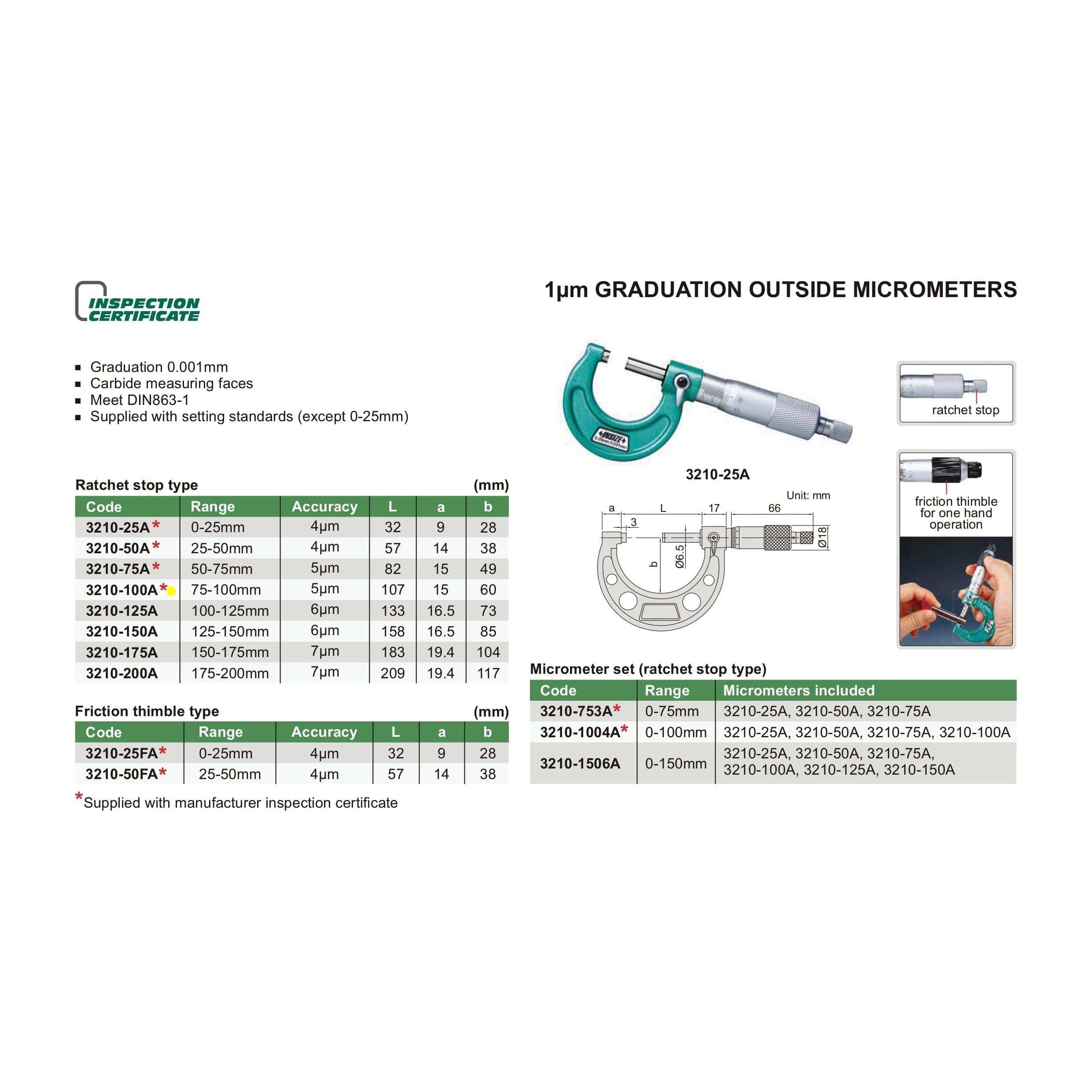 INSIZE Measuring Equipment Insize Ratchet Stop Type Outside Micrometer 75-100mm Range Series 3210-100A