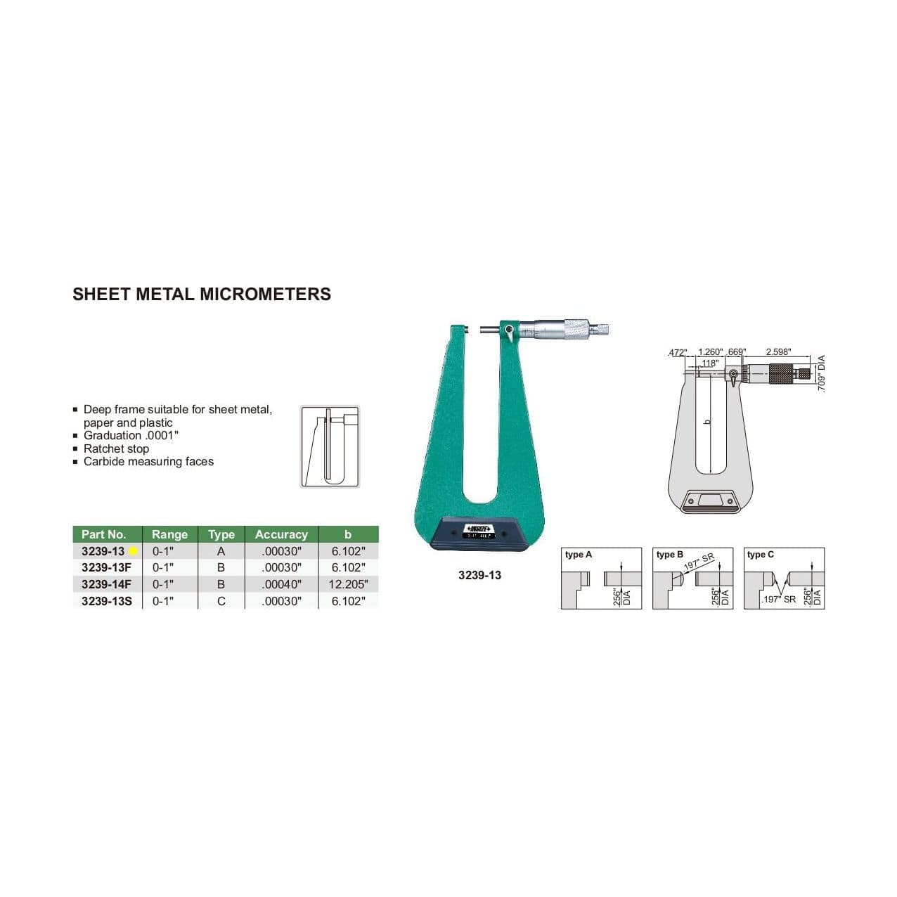 INSIZE Measuring Equipment Insize Sheet Metal Micrometer 0-1" Range Series 3239-13