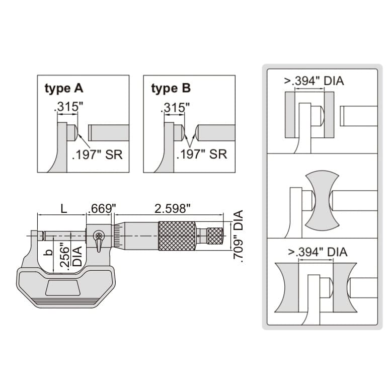 INSIZE Measuring Equipment Insize Spherical Anvil Tube Micrometer 0-1" Type B Series 3260-1S