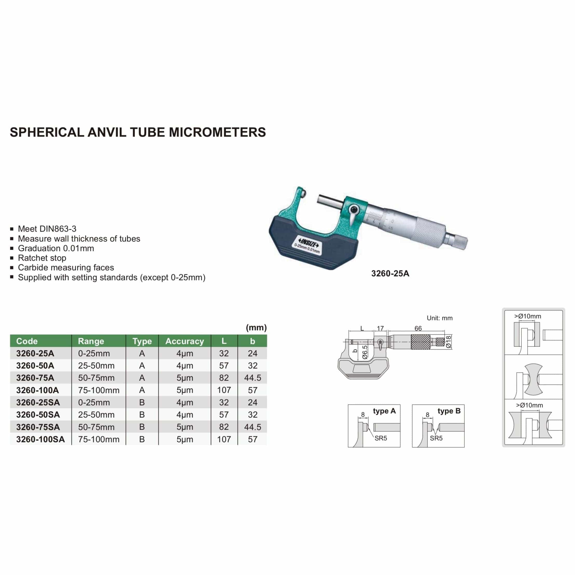 INSIZE Measuring Equipment Insize Spherical Anvil Tube Micrometer 0-25mm Type A Series 3260-25A