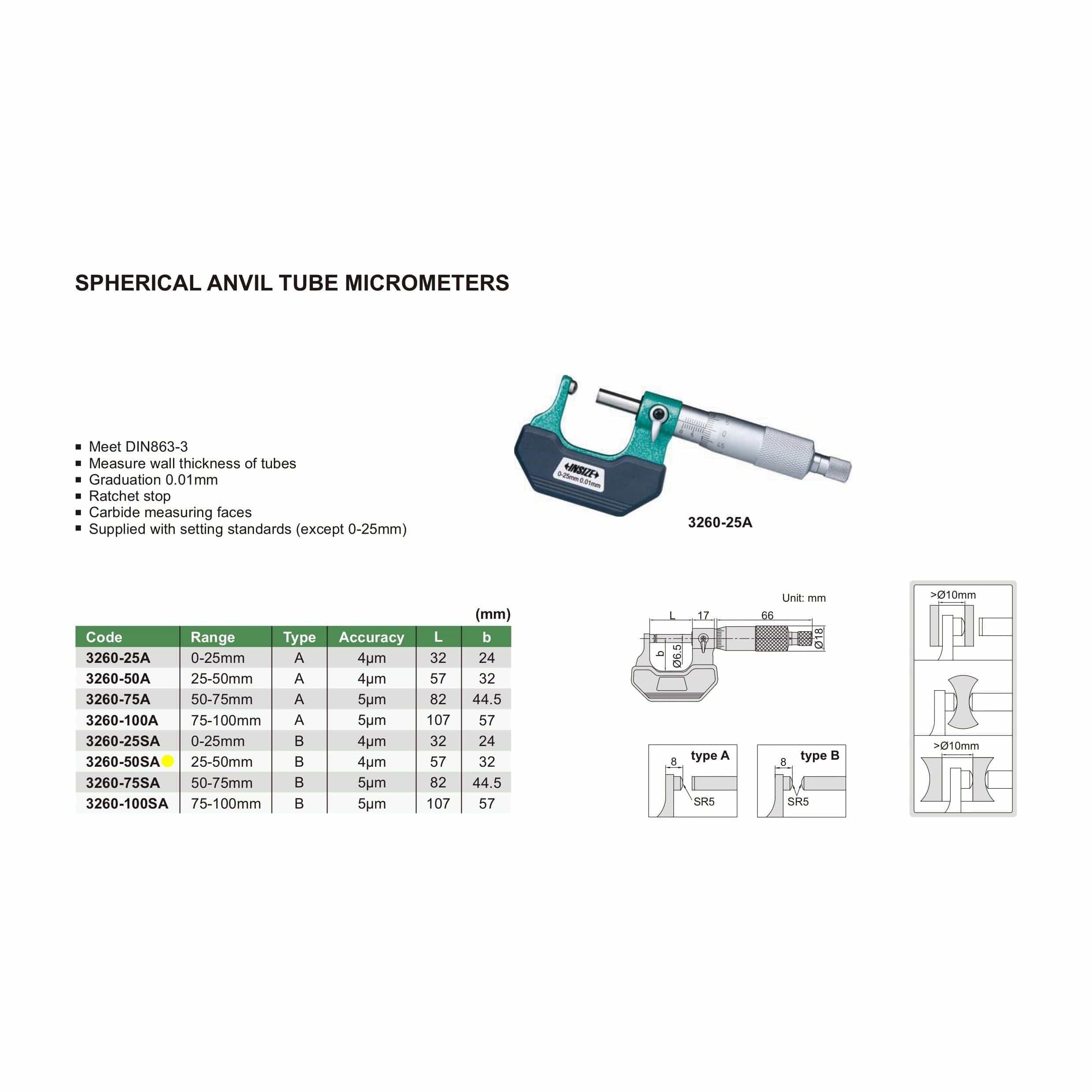 INSIZE Measuring Equipment Insize Spherical Anvil Tube Micrometer 25-50mm Type B Series 3260-50SA