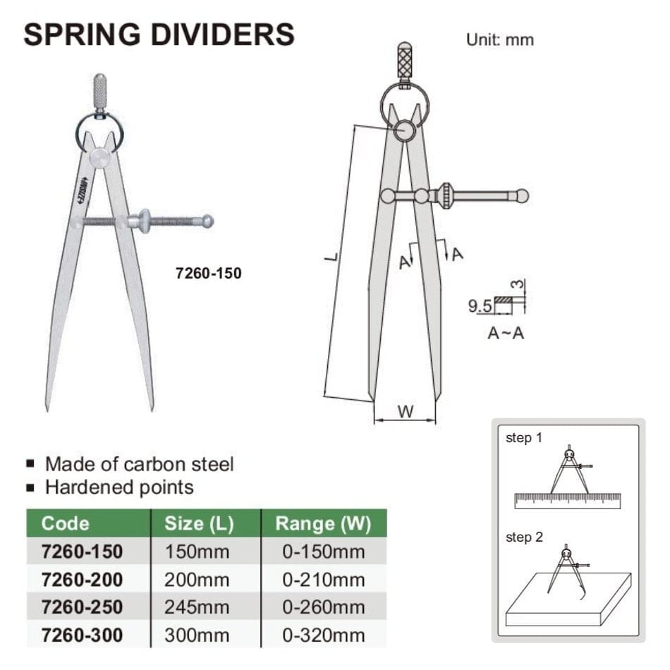 INSIZE MEASURING EQUIPMENT Insize Spring Divider 245 mm Range Series 7260-250