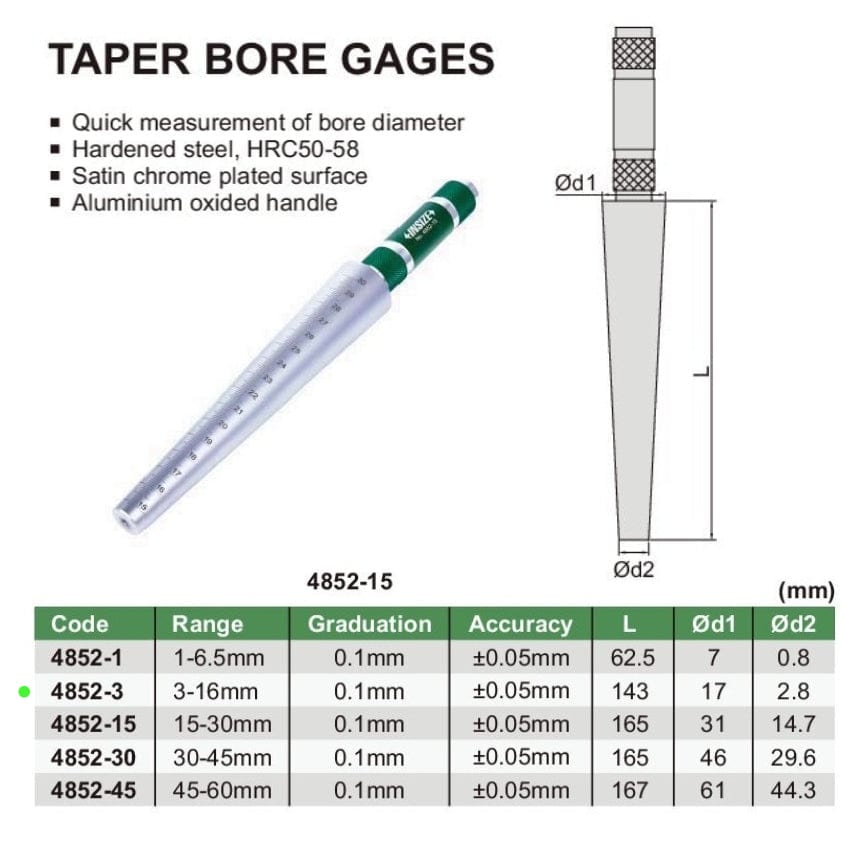 INSIZE Measuring Equipment Insize Taper Bore Gauge 3-16mm Range Series 4852-3