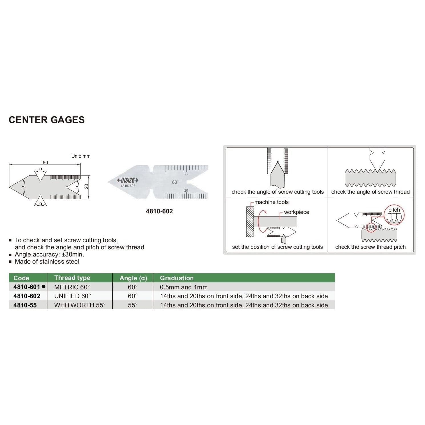 INSIZE Measuring Equipment Insize Thread Angle Gauge Metric 60° Range Series 4810-601