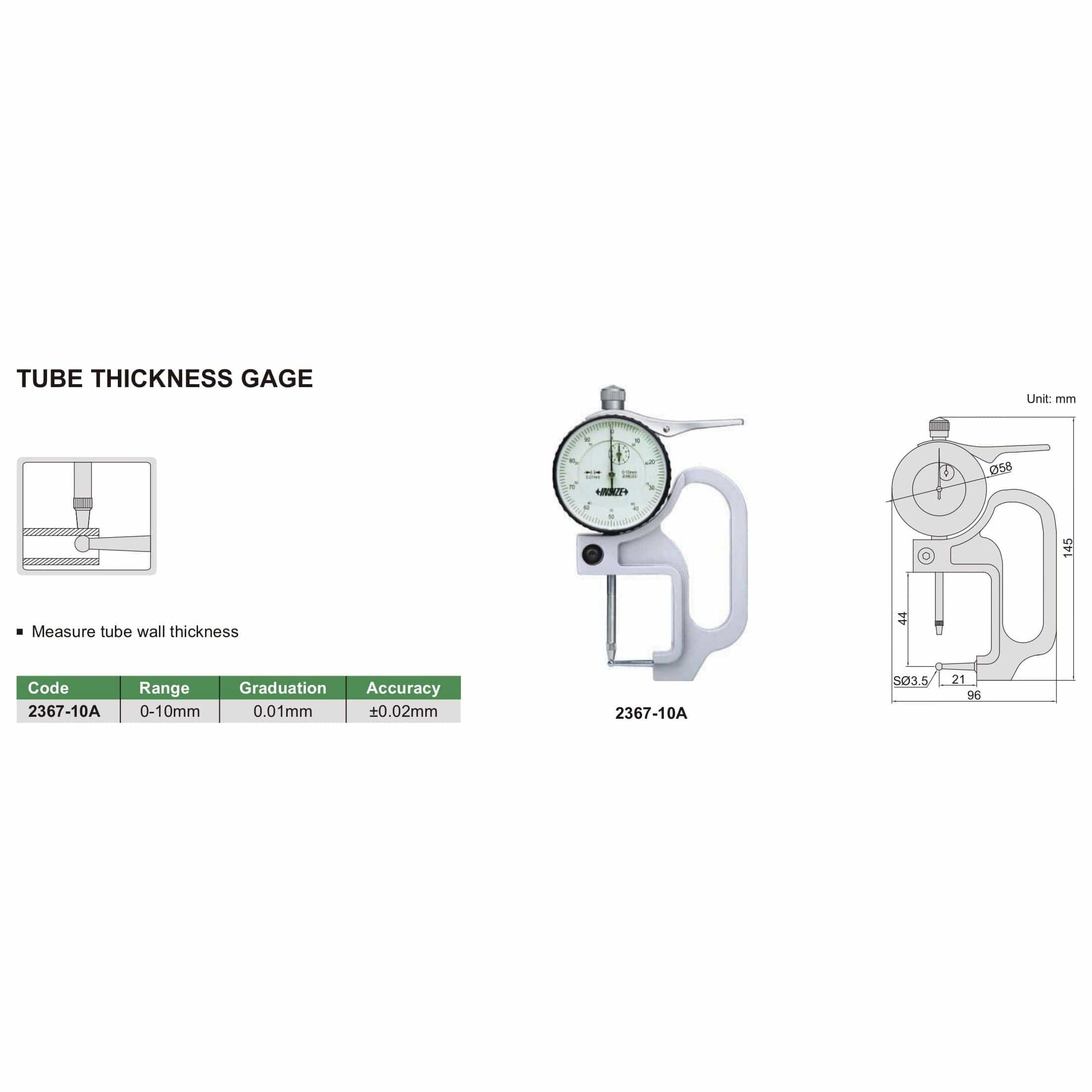 INSIZE Measuring Equipment Insize Tube Type Thickness Gauge 0-10mm x 0.01mm Range Series 2367-10A