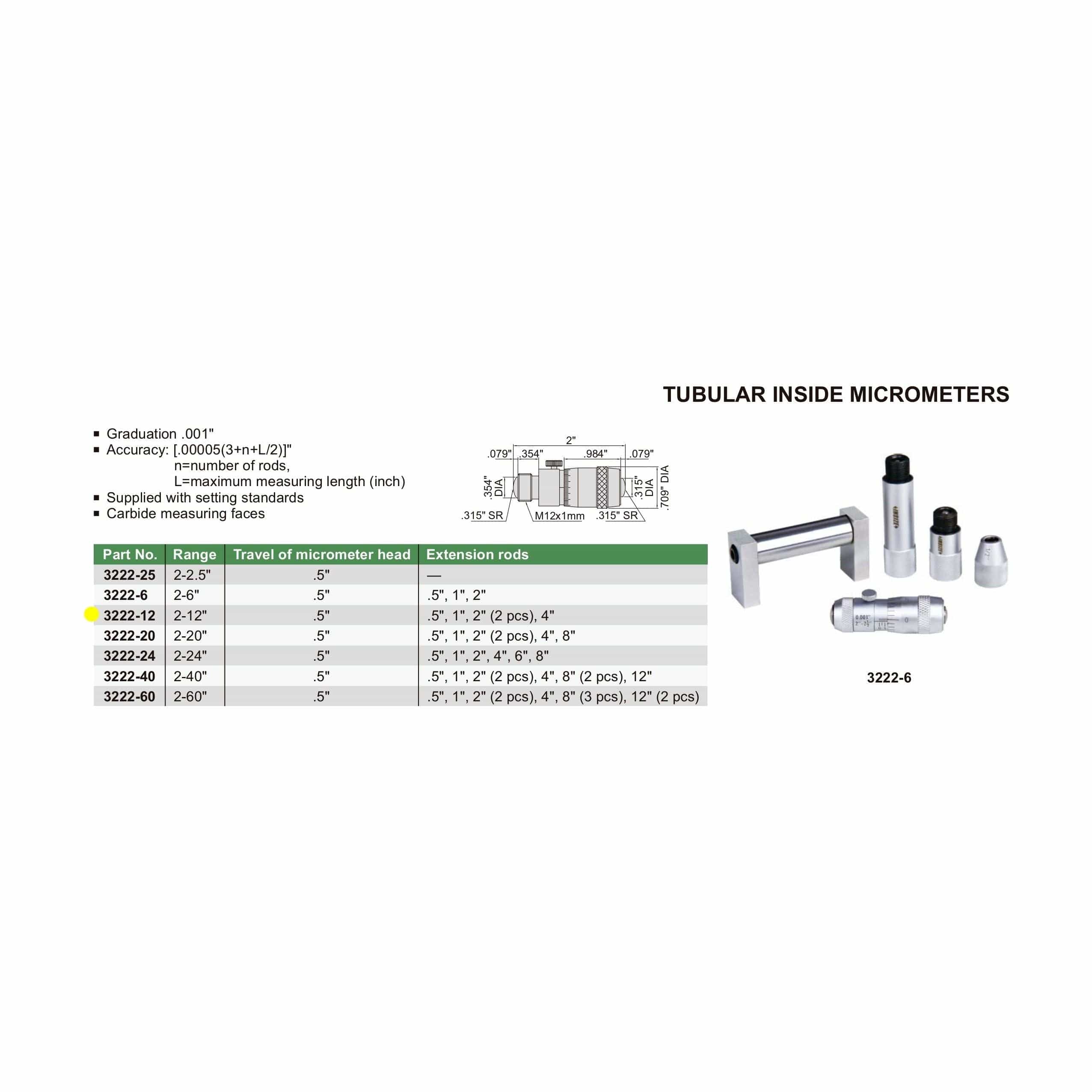 INSIZE Measuring Equipment Insize Tubular Inside Micrometer 2-12" Range Series 3222-12