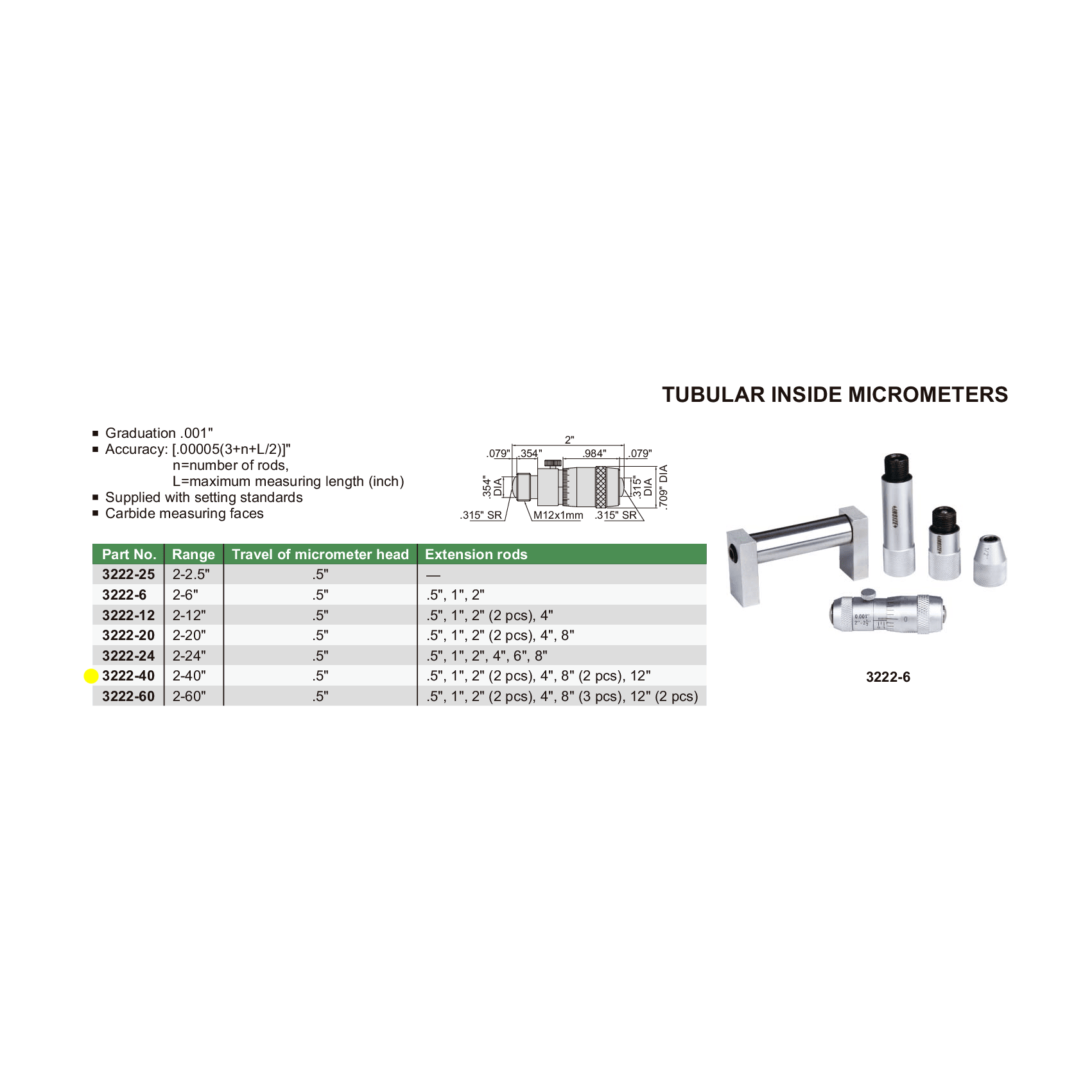 INSIZE Measuring Equipment Insize Tubular Inside Micrometer 2-40" Range Series 3222-40