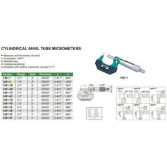 INSIZE Measuring Equipment Insize Type A Cylindrical Anvil Micrometer 1-2" Range Series 3261-2