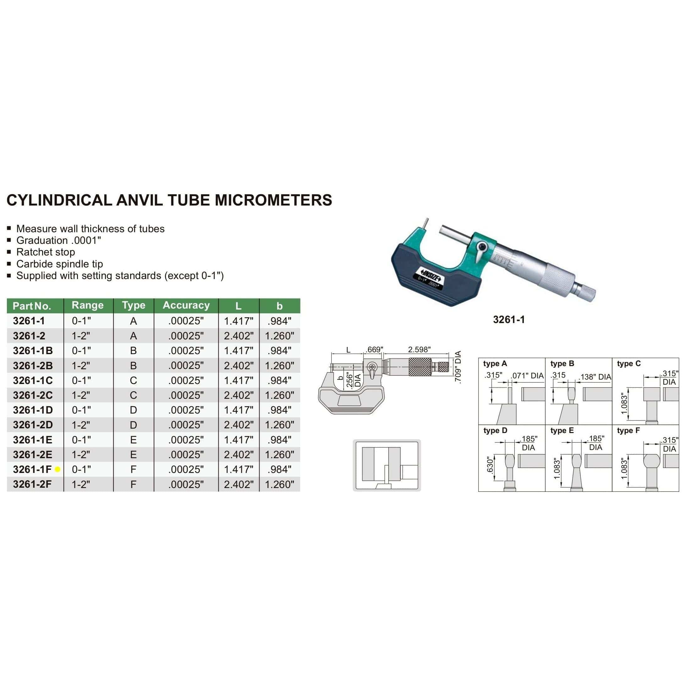 INSIZE Measuring Equipment Insize Type F Cylindrical Anvil Micrometer 0-1" Range Series 3261-1F