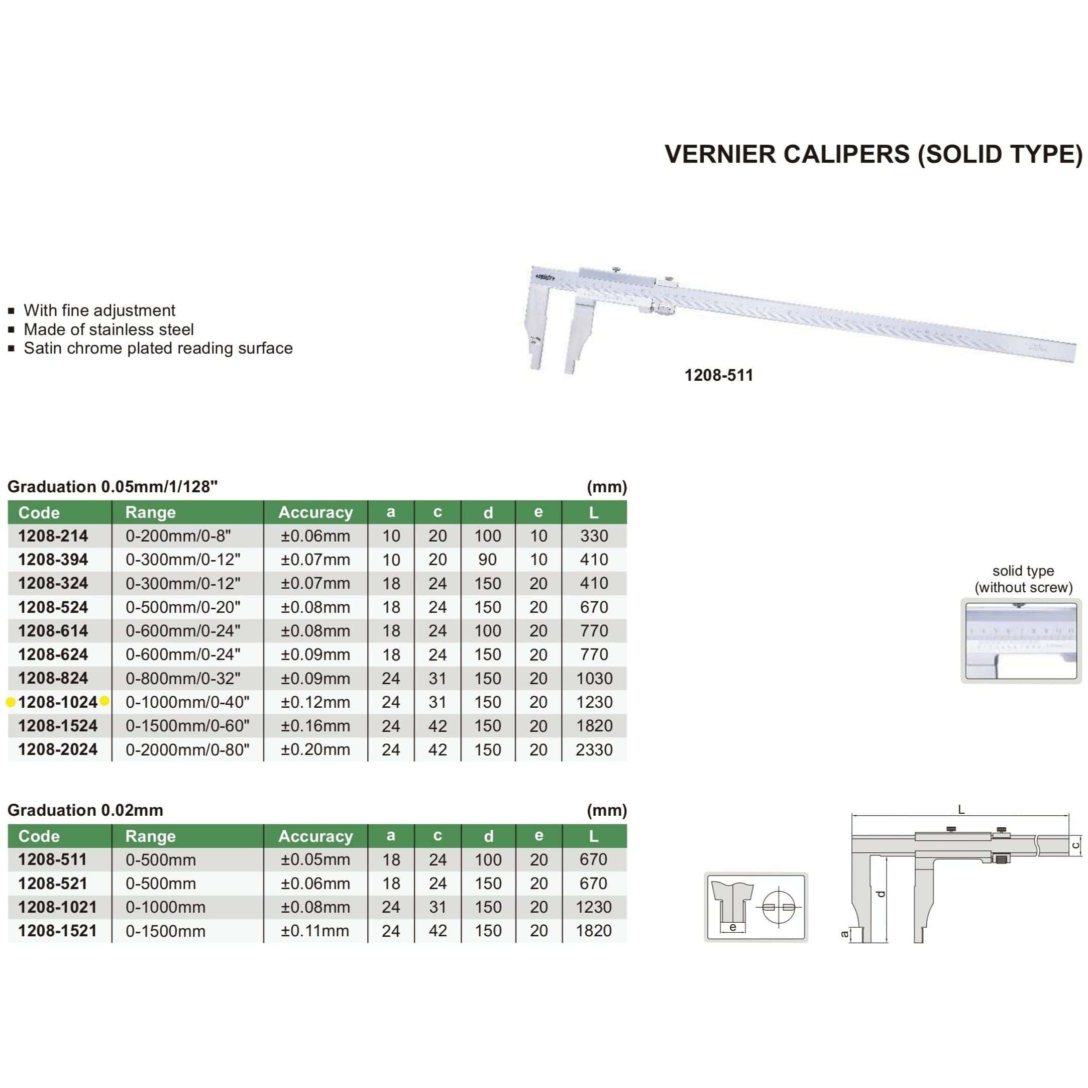 INSIZE Measuring Equipment Insize Vernier Caliper 0-1000mm/0-40" Range Series 1208-1024