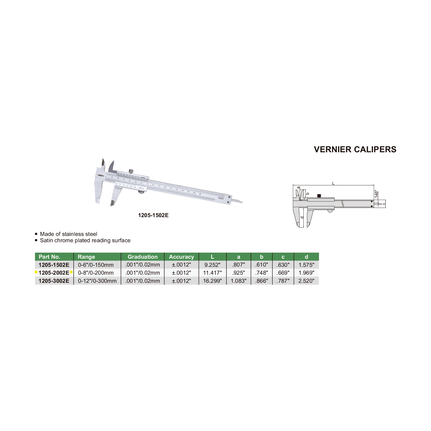 INSIZE Measuring Equipment Insize Vernier Caliper 0-200mm/0-8" Range Series 1205-2002E