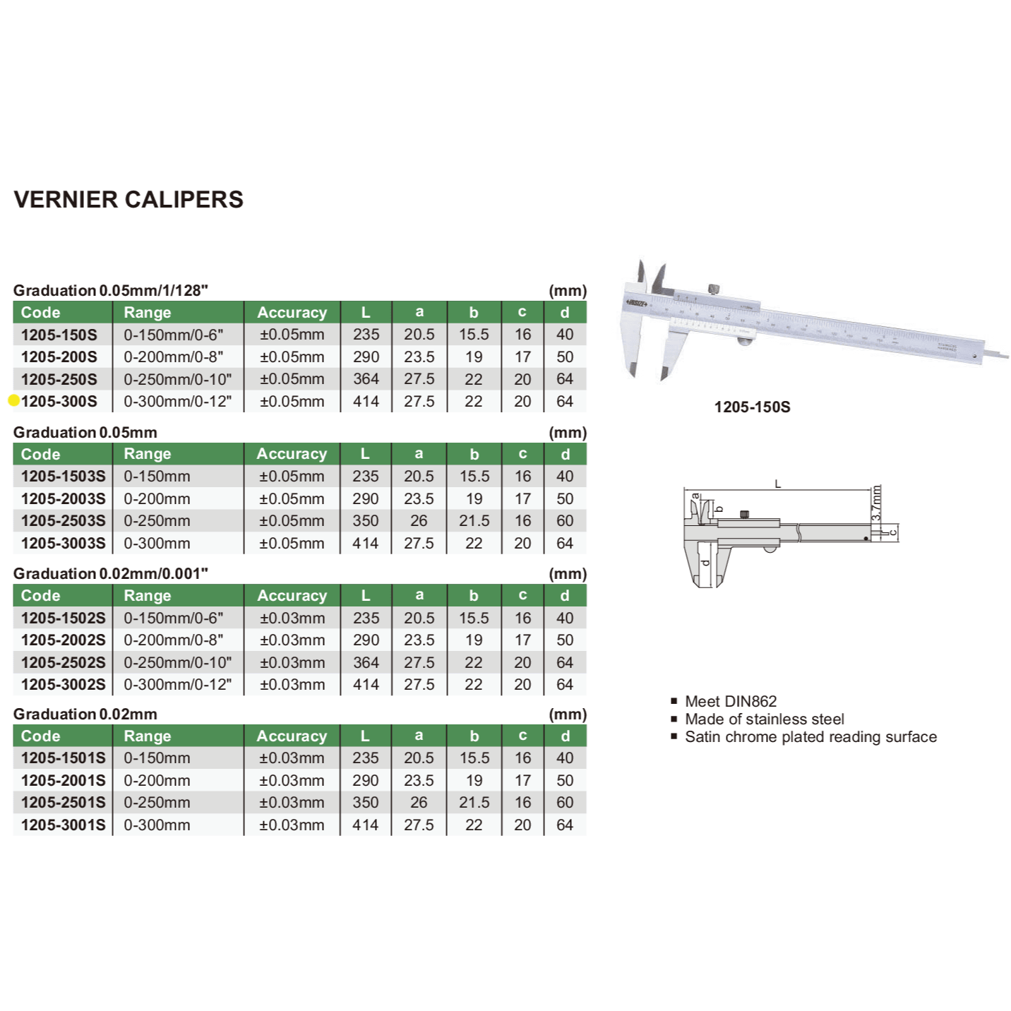 INSIZE Measuring Equipment Insize Vernier Caliper 0-300mm/0-12" Range Series 1205-300S