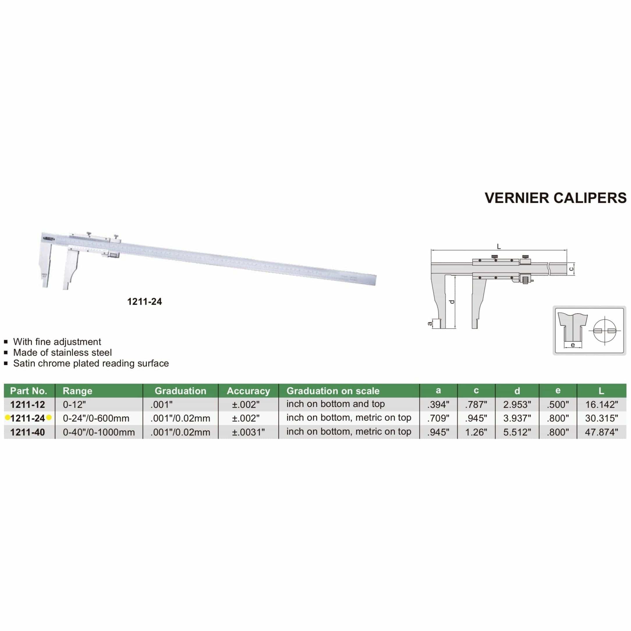 INSIZE Measuring Equipment Insize Vernier Caliper 0-600mm/0-24" Range Series 1211-24