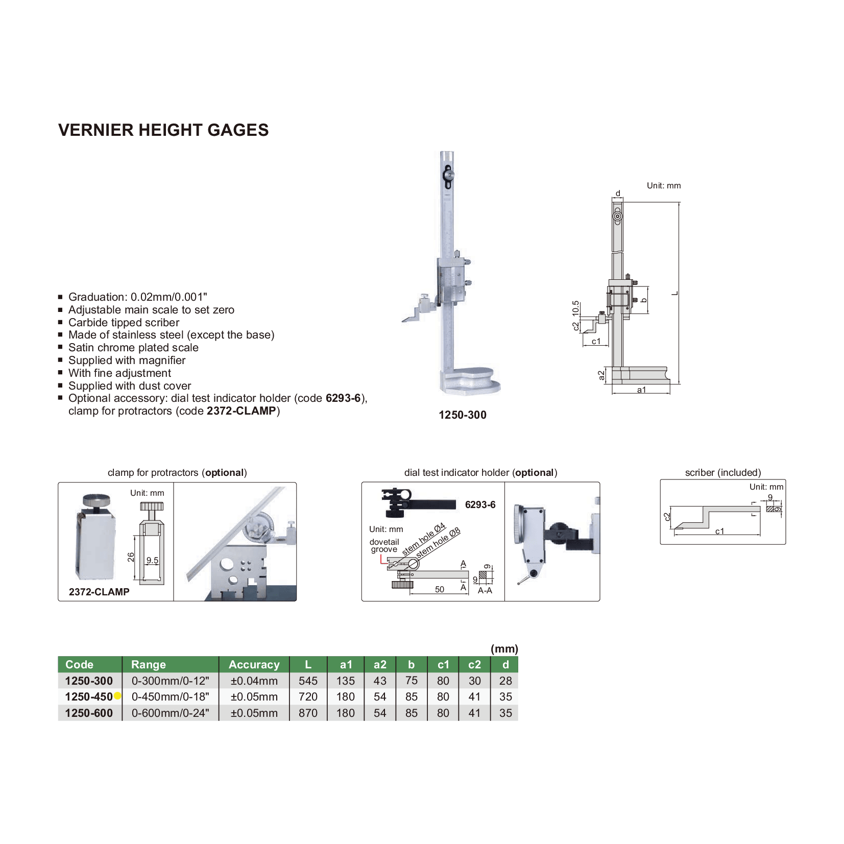 INSIZE Measuring Equipment Insize Vernier Height Gauge 0-450mm / 0-18" Range Series 1250-450