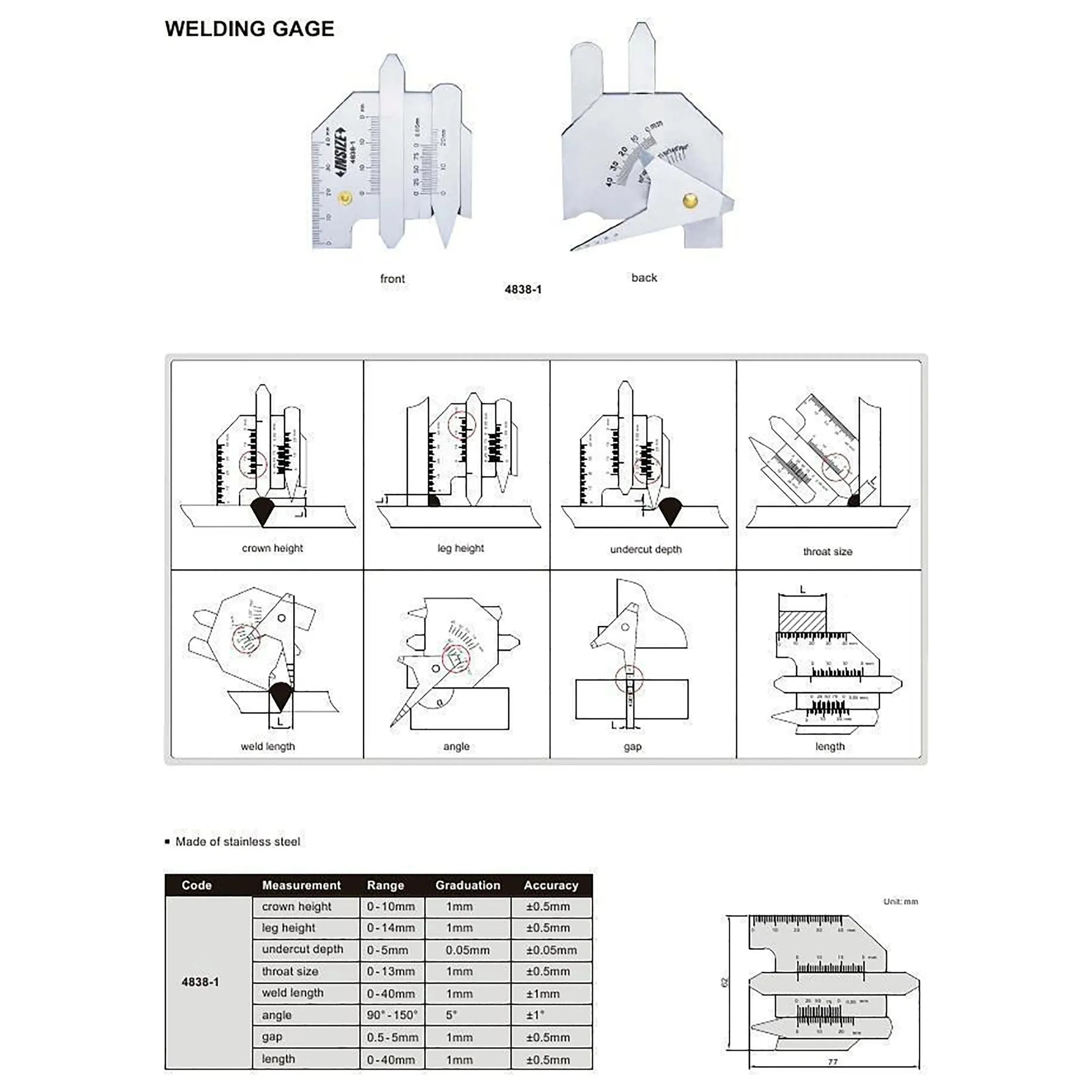 INSIZE MEASURING EQUIPMENT Insize Welding Gauge 62x77mm Range Series 4838-1