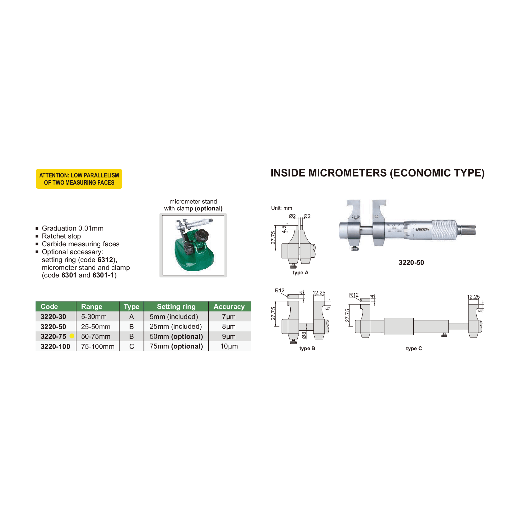 Insize Metric Inside Micrometer 50-75mm Range Series 3220-75 - Twin Eagle Imports
