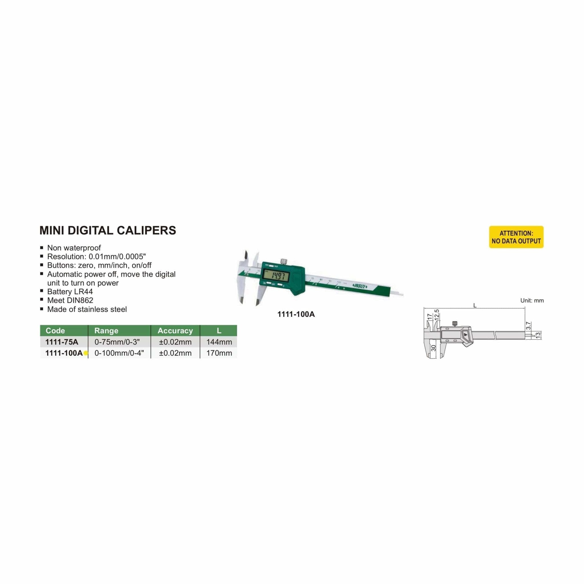 Insize Mini Digital Caliper 0-100mm/0-4" Range Series 1111-100A - Twin Eagle Imports