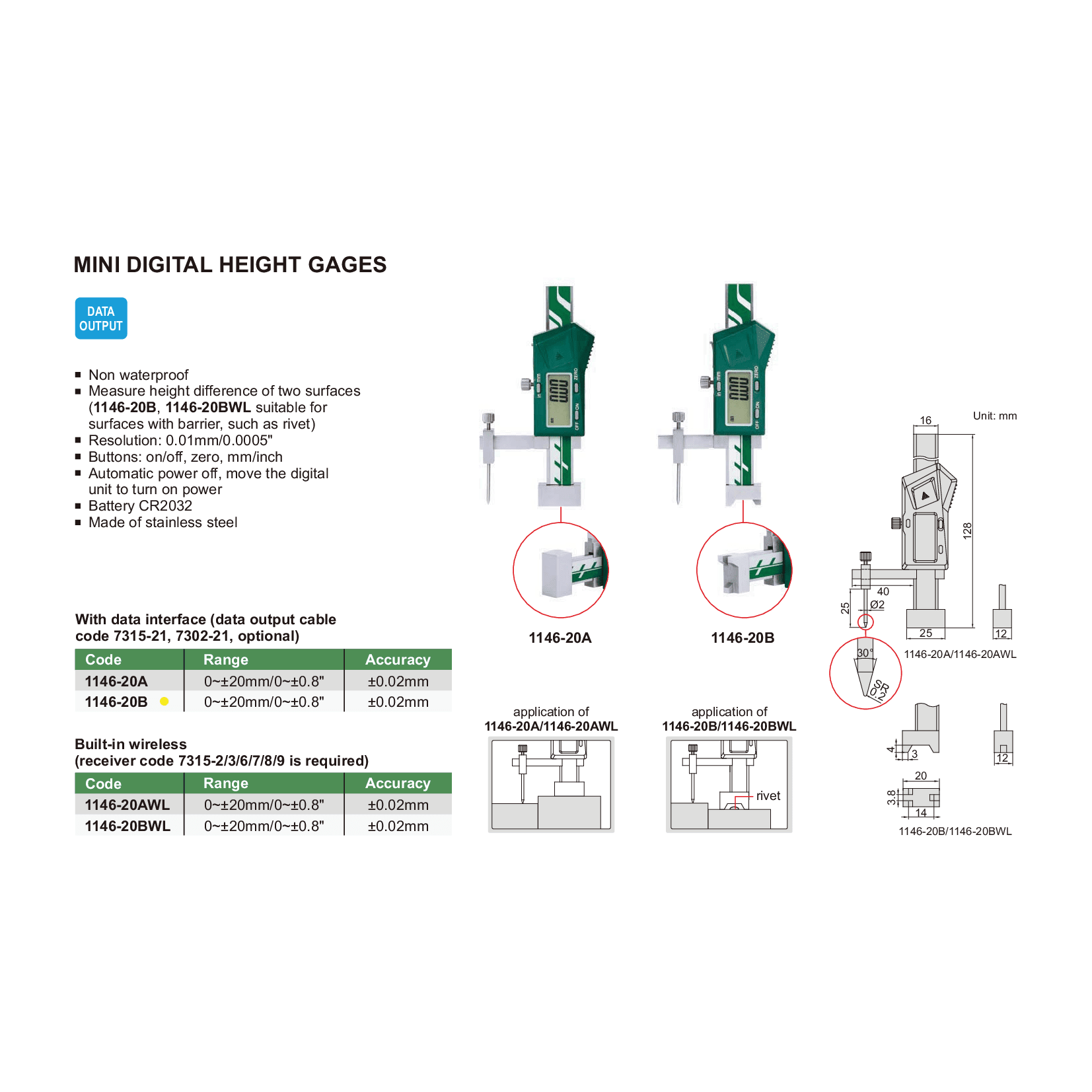 Insize Mini Digital Height Gauge 0-20mm/0-0.8" Range Series 1146-20B - Twin Eagle Imports