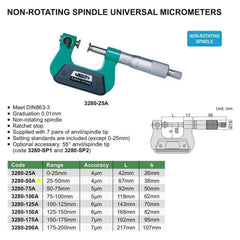 Insize Non-Rotating Micrometer with Anvil/spindle tips 25-50mm Range Series 3280-50A - Twin Eagle Imports