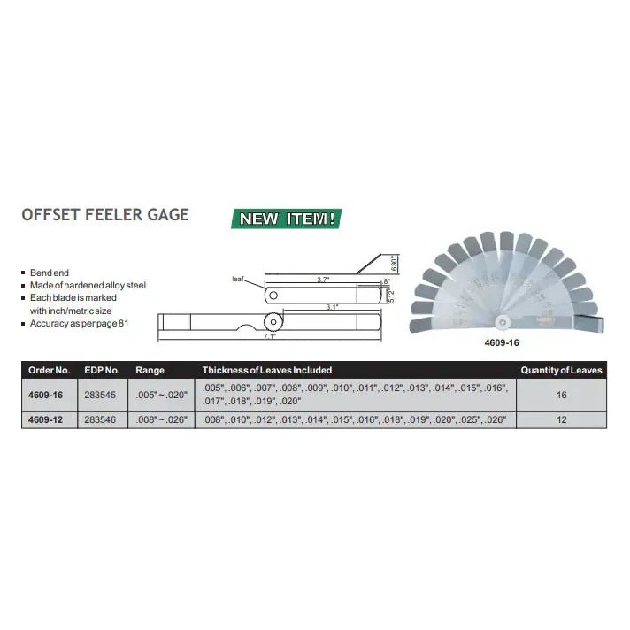 Insize Offset Feeler Gauge 0.005-0.02" Range Series 4609-16 - Twin Eagle Imports