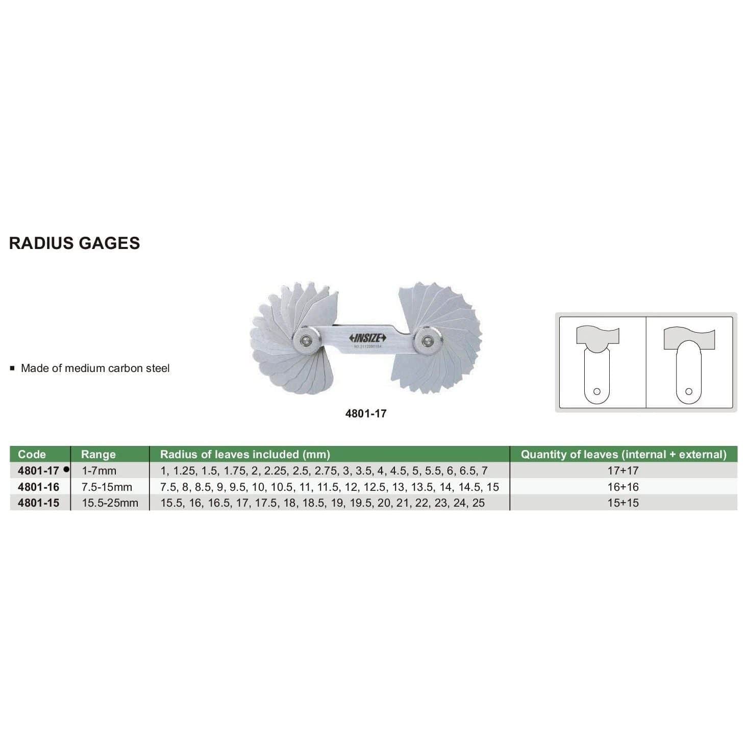 Insize Radius Gauge Set 1-7mm Range Series 4801-17 - Twin Eagle Imports