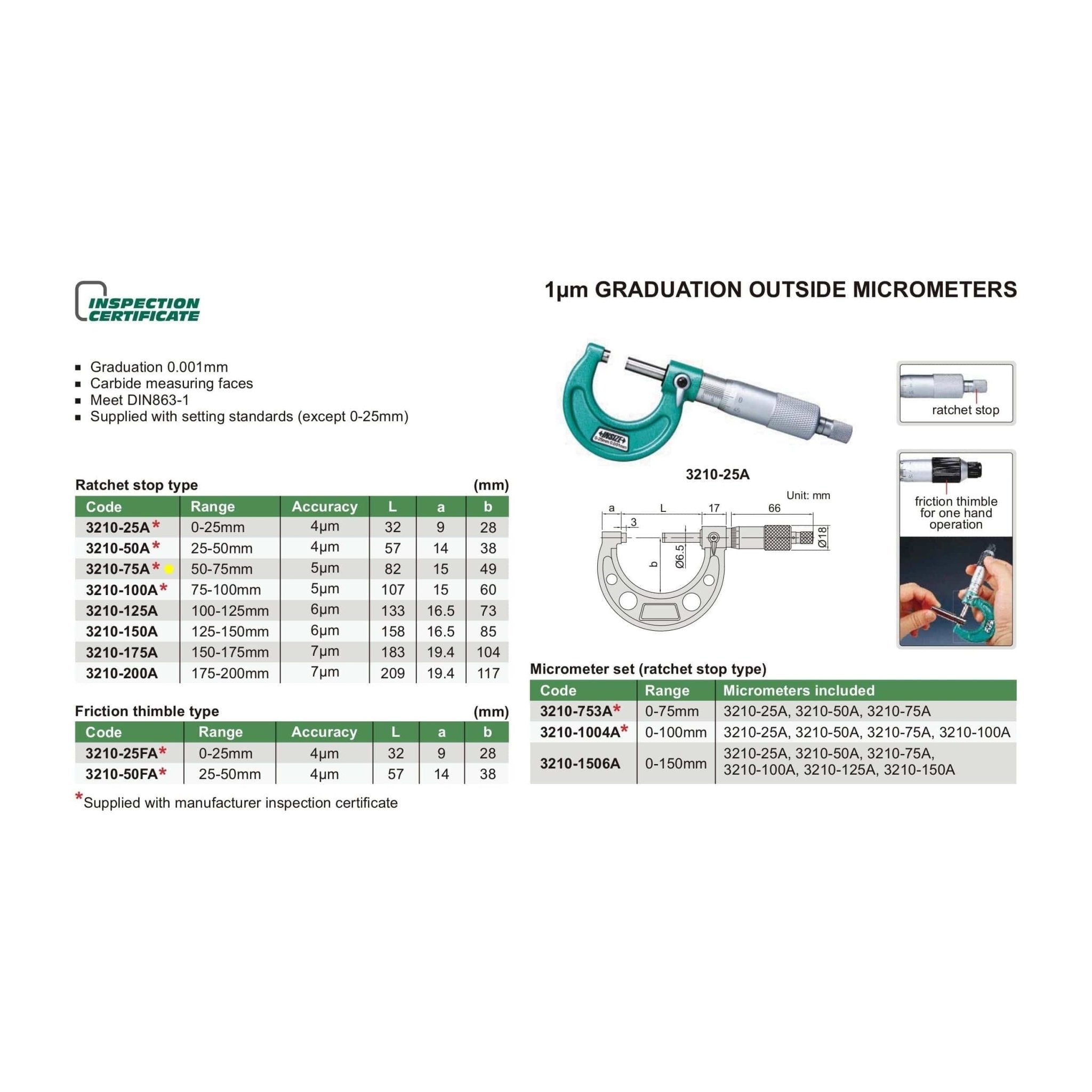Insize Ratchet Stop Type Outside Micrometer 50-75mm Range Series 3210-75A - Twin Eagle Imports