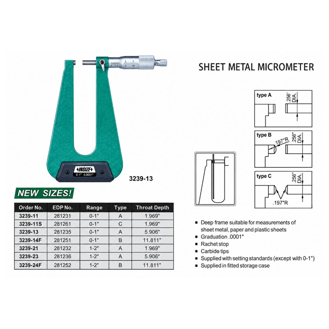 Insize Sheet Metal Micrometer 0-1" Range Series 3239-11S - Twin Eagle Imports