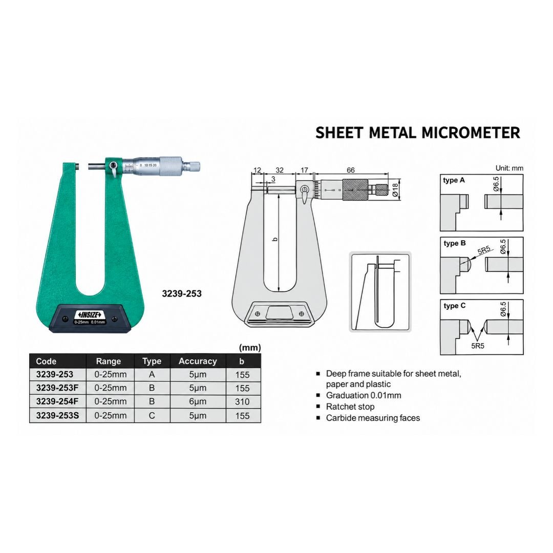 Insize Sheet Metal Micrometer 0-25mm Range Series 3239-253S - Twin Eagle Imports