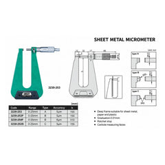 Insize Sheet Metal Micrometer 0-25mm Range Series 3239-253S - Twin Eagle Imports
