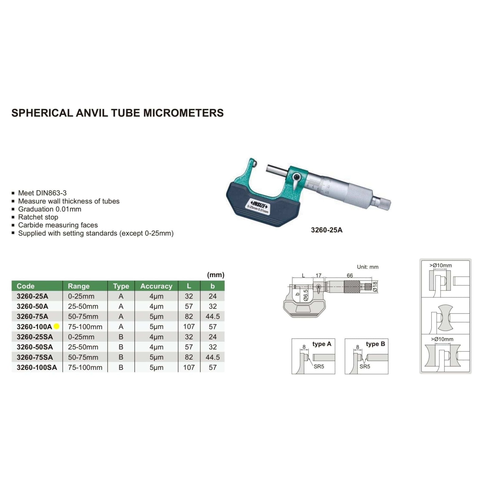Insize Spherical Anvil Tube Micrometer 75-100mm Type A Series 3260-100A - Twin Eagle Imports