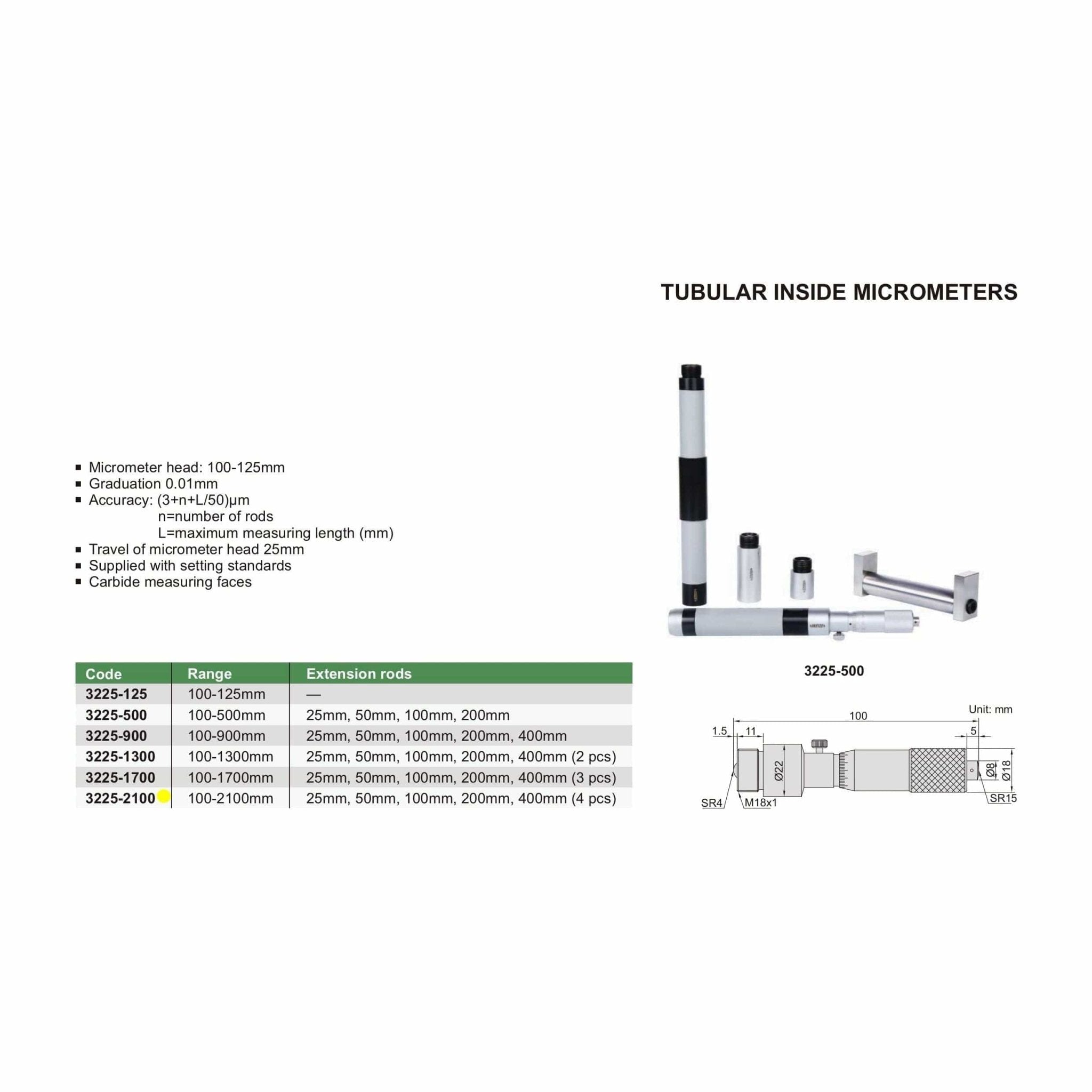 Insize Tubular Inside Micrometer 100-2100mm Range Series 3225-2100 - Twin Eagle Imports