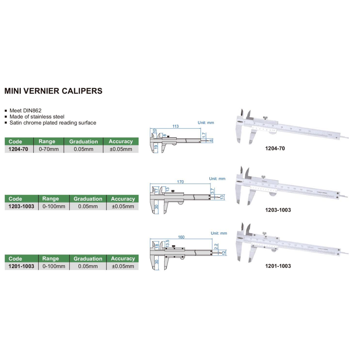 Insize Vernier Caliper 0-70mm Range Series 1204-70 - Twin Eagle Imports