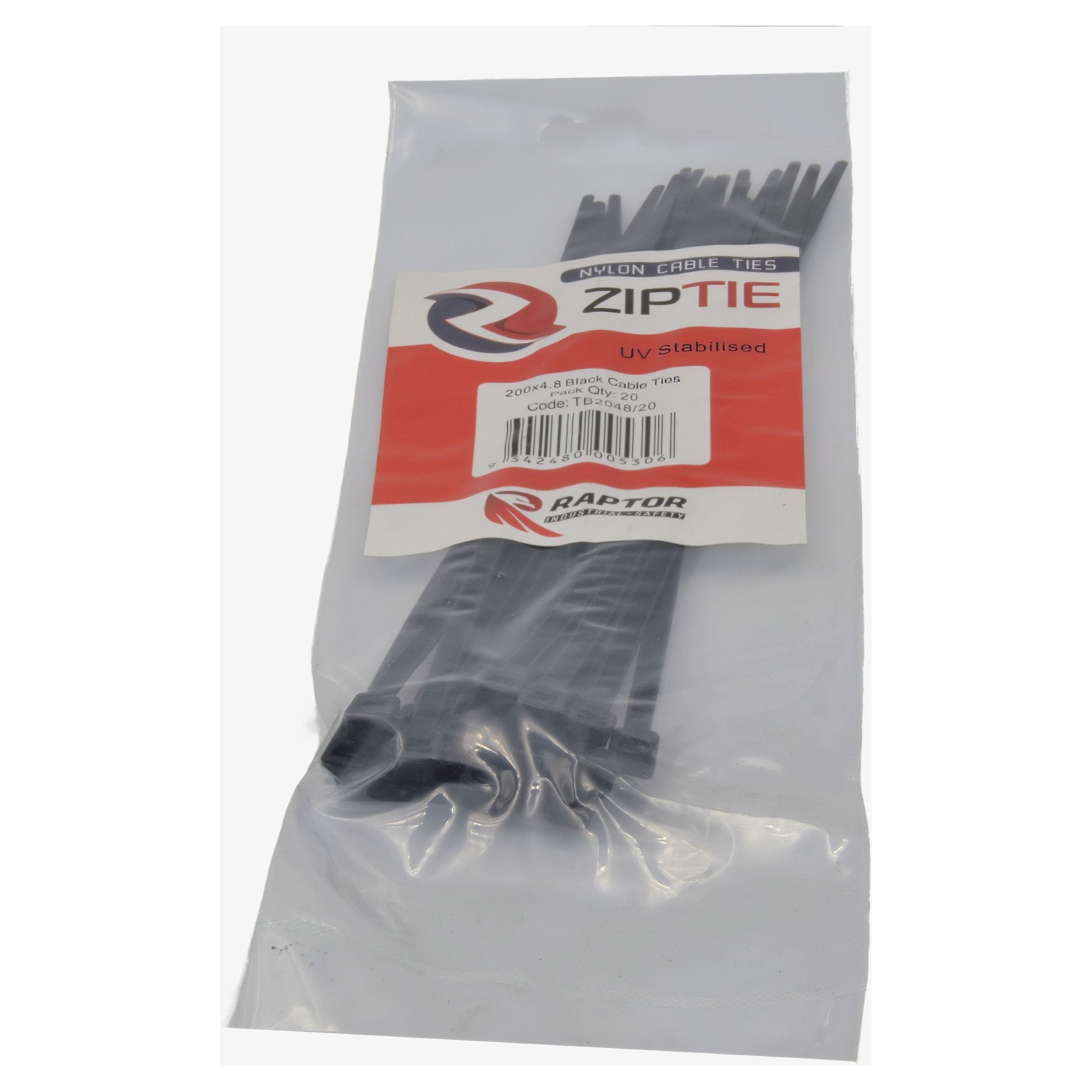Raptor Cable Tie RAPTOR Black 200mm x 4.8mm Medium Duty Cable Ties, 20 Pack