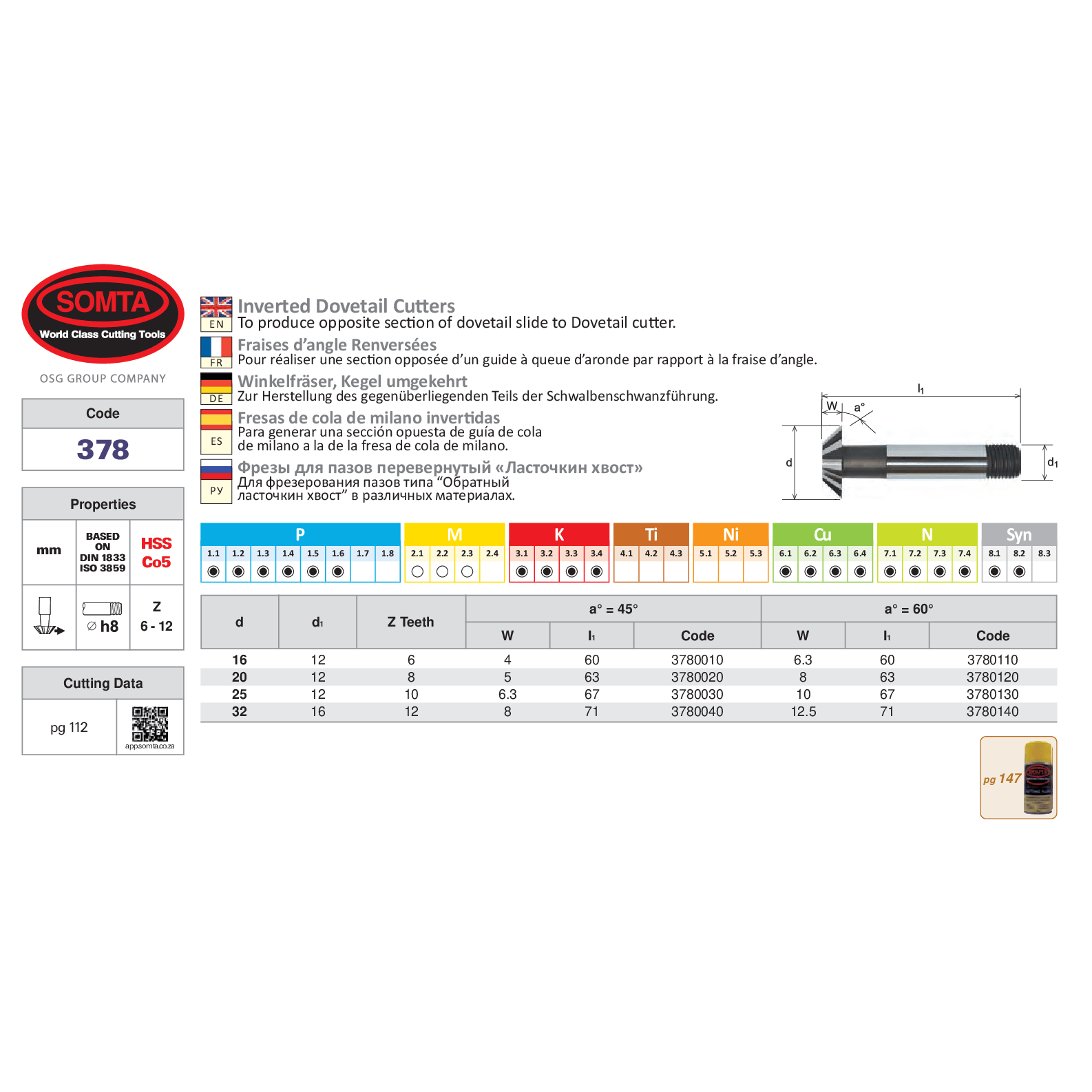 SOMTA Cutter Somta Series 378 – 25MM x 60 Deg HSS-Co Inverted Dovetail Cutter