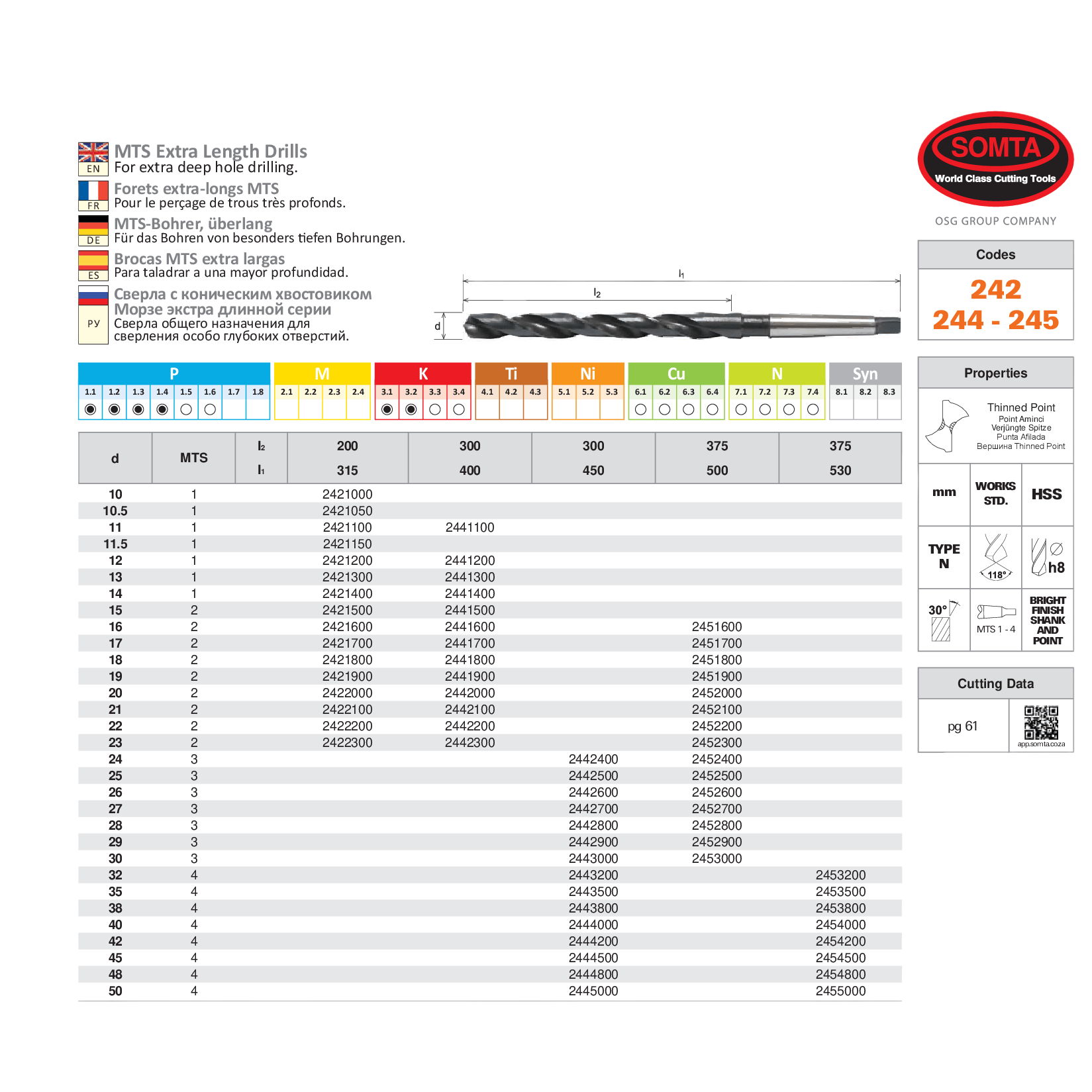 SOMTA Drill Bits Somta Series 245 – HSS Extra-Length Morse Taper Drill 40mm x 530mm (3MT)