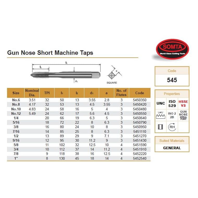 SOMTA Manufacturing Somta Series 545 - HSSE Gun Nose Spiral Point Short Machine Taps UNC 5/8" x 11 TPI