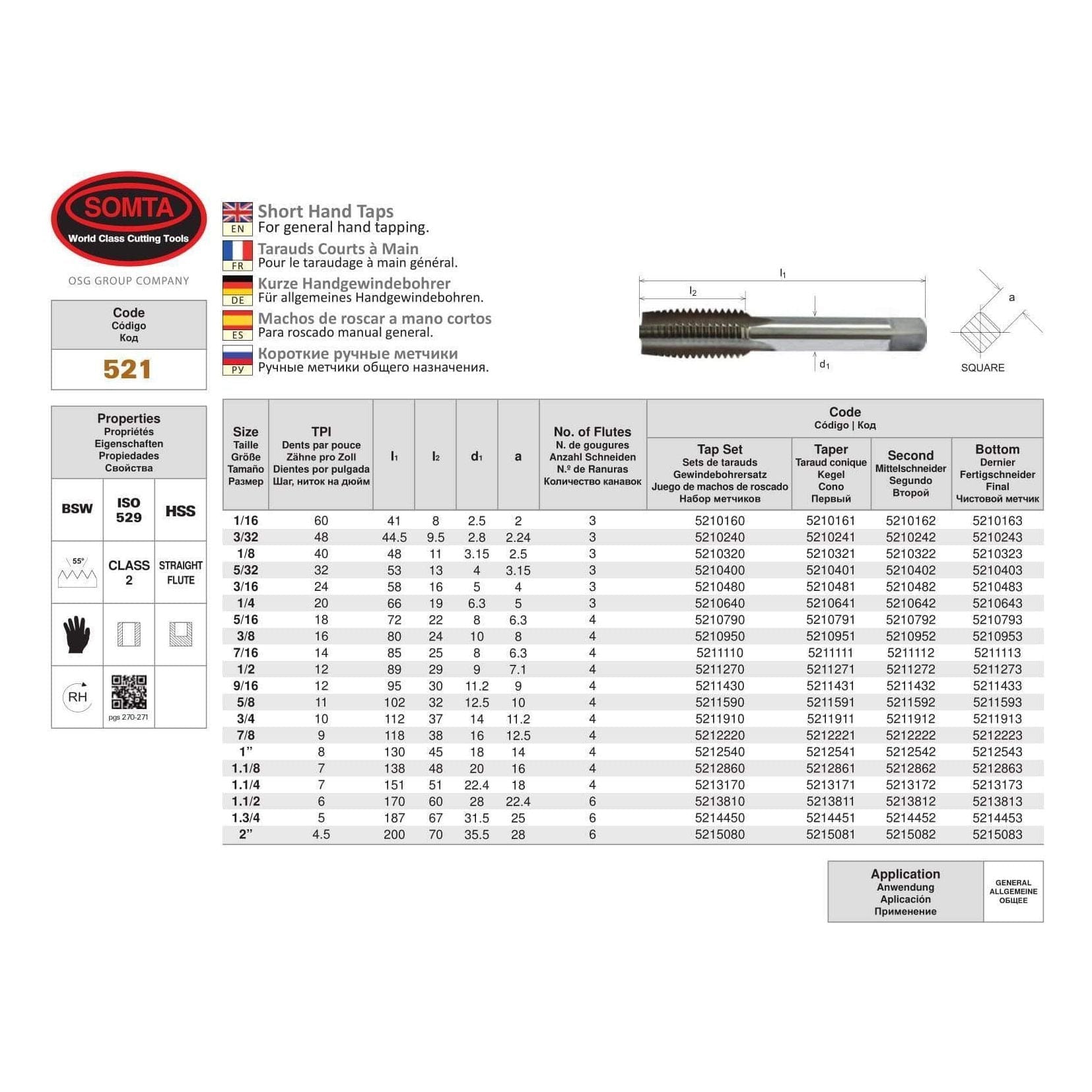 Somta Series 521 - HSS Straight Flute Short Hand Taper (First Tap) BSW 1/8" x 40 TPI - Twin Eagle Imports